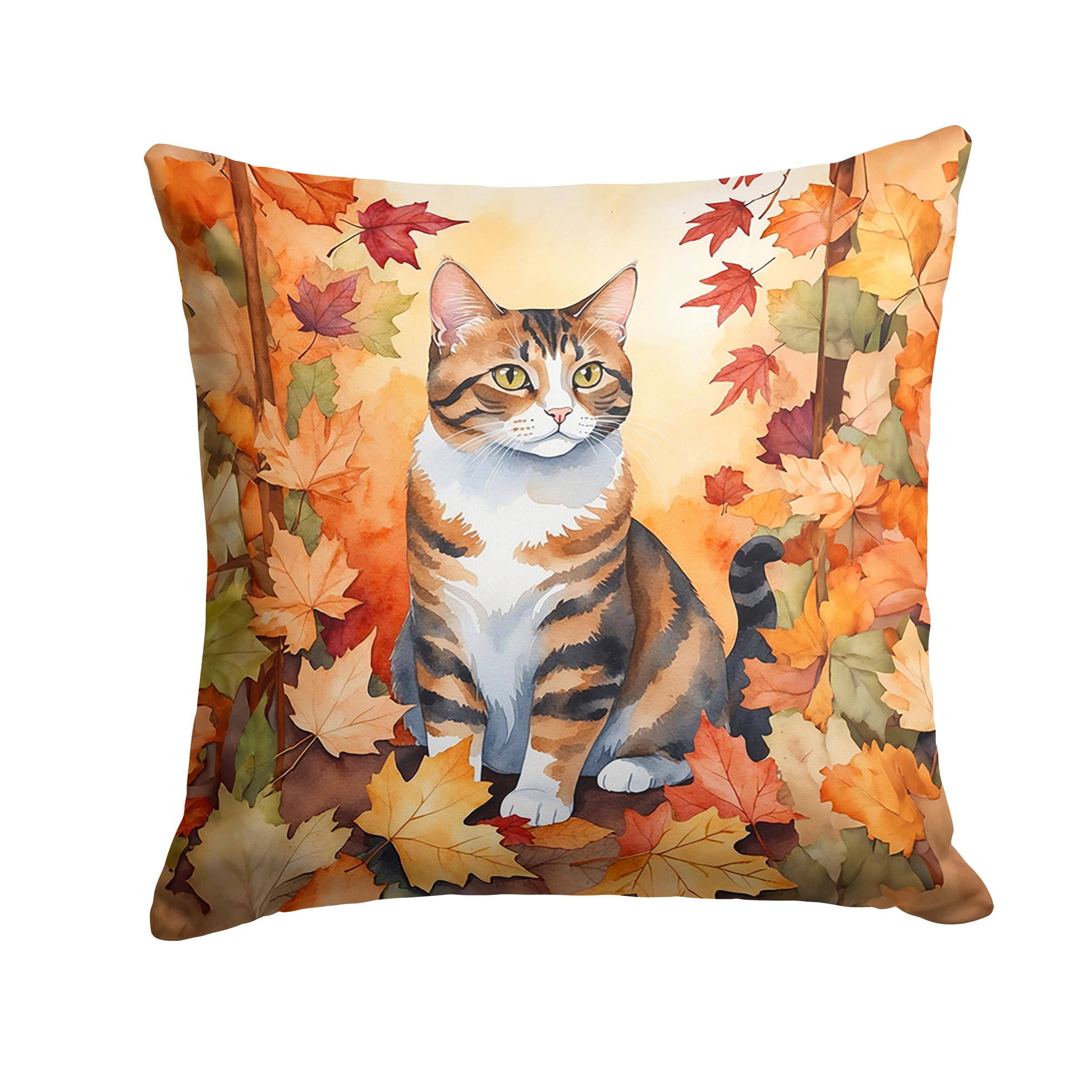 Carolines Treasures American Polydactyl Cat in Fall Leaves Throw Pillow Machine Washable, Indoor Outdoor Decorative Pillow for Couch, Bed or Patio, 14Hx14W