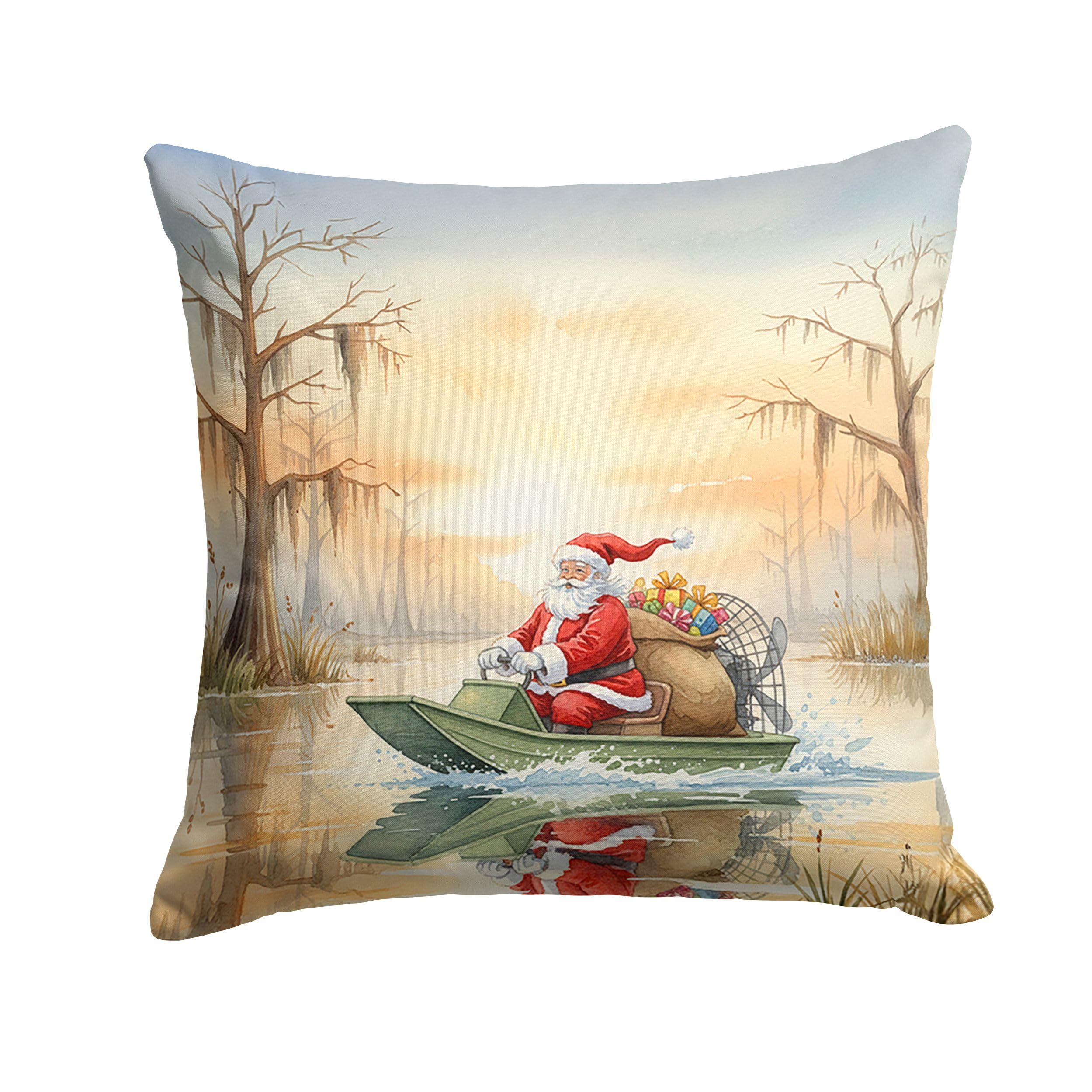 Carolines Treasures Cajun Santa Claus Delivering Gifts by Airboat Christmas Throw Pillow Decorative Indoor Outdoor Accent Cushion for Couch, Bed or Patio, 18Hx18W