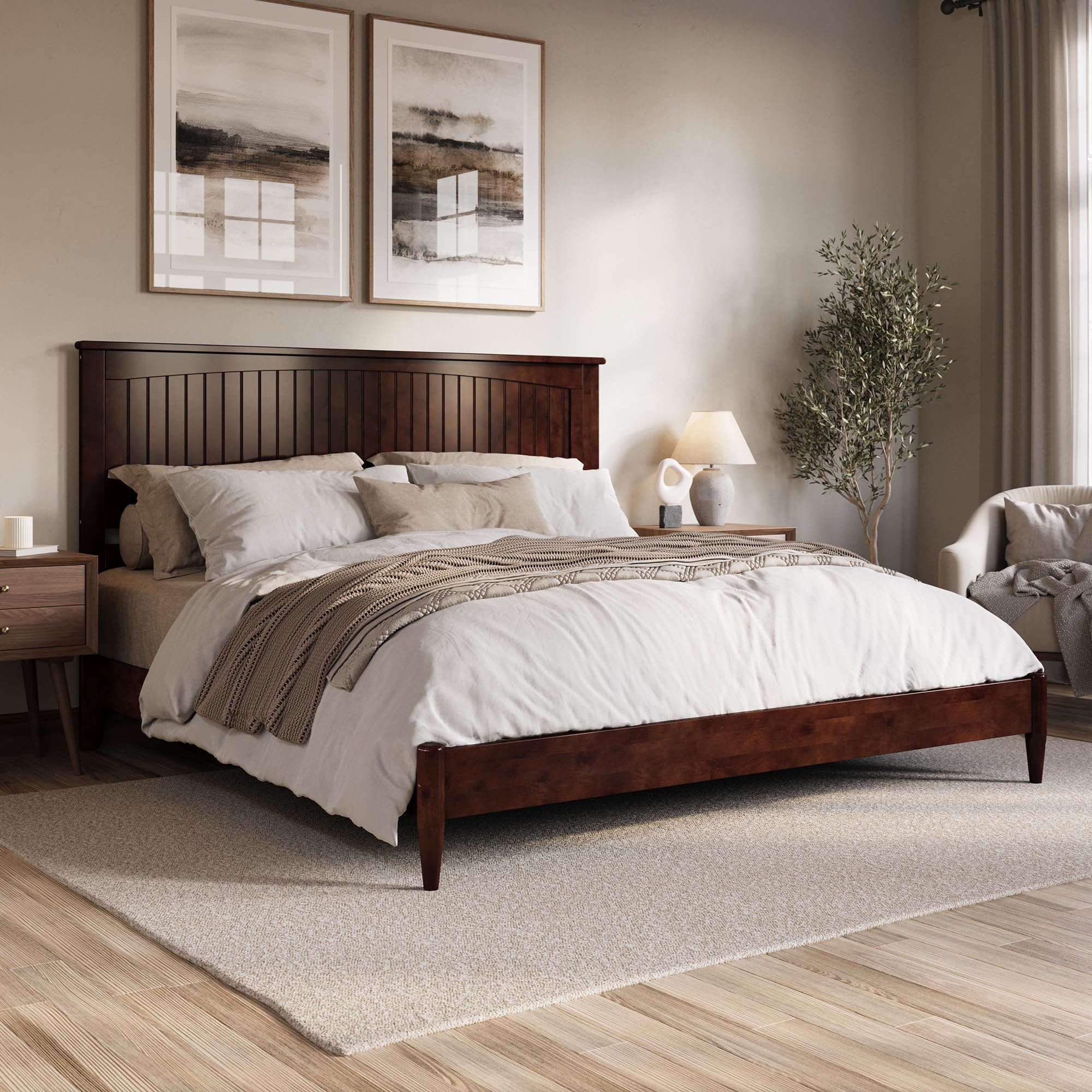 Naples King Solid Wood Low Profile Platform Bed in Walnut