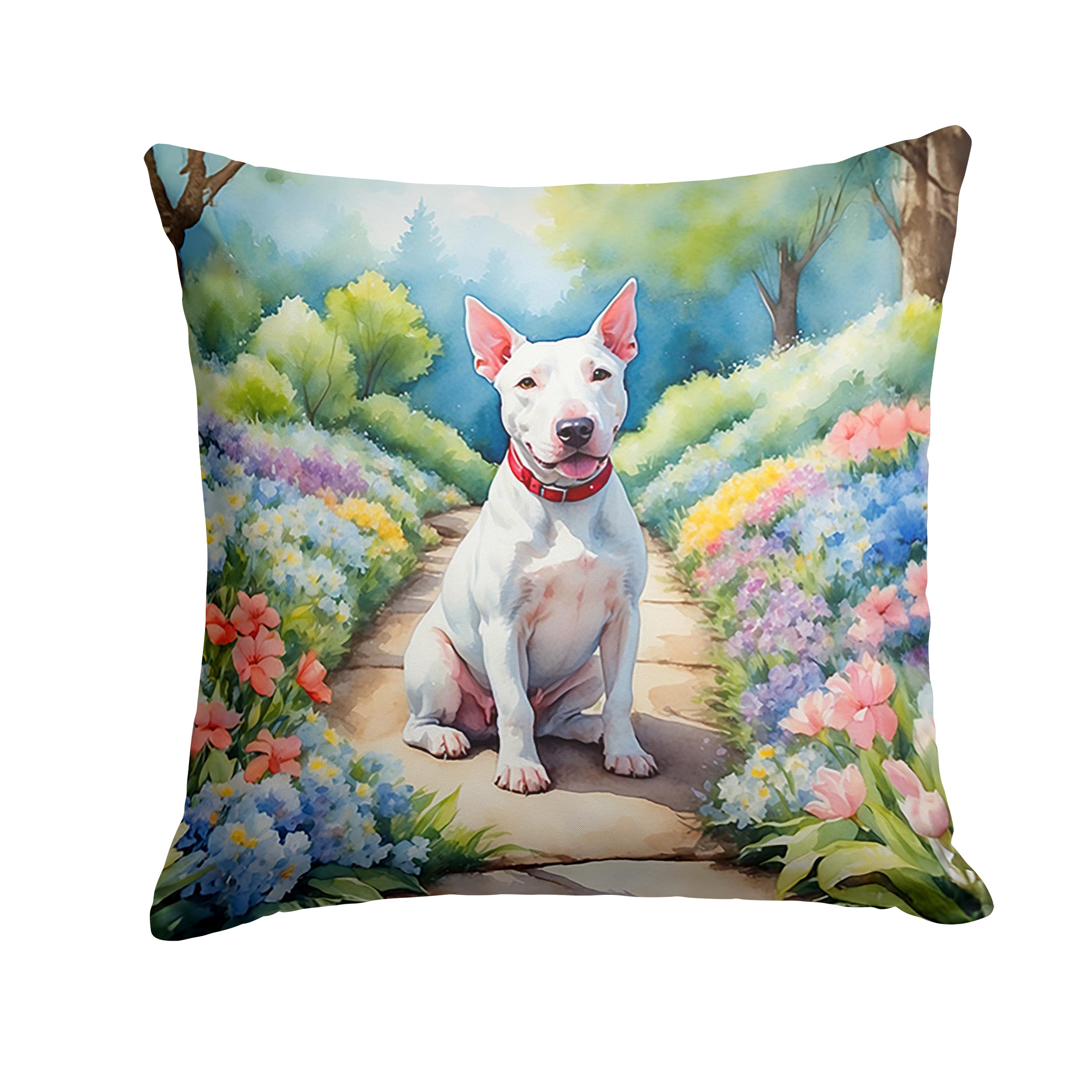 Carolines Treasures Bull Terrier Spring Path Throw Pillow Machine Washable, Indoor Outdoor Decorative Pillow for Couch, Bed or Patio, 18Hx18W