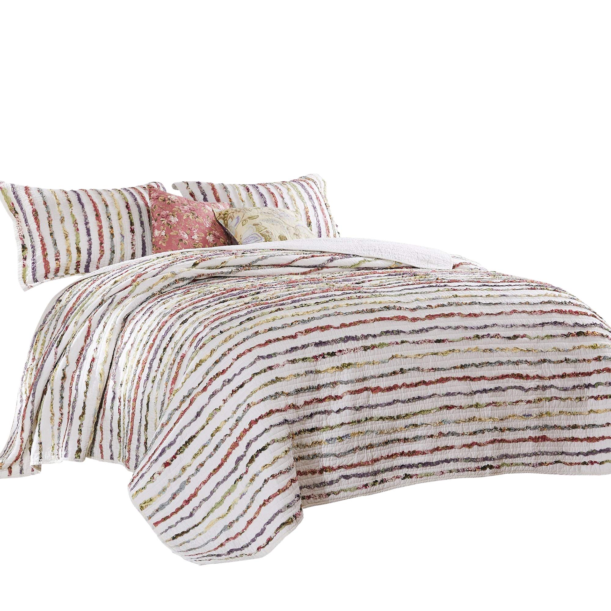 Benjara Five Piece Queen Size Cotton Quilt Set With Sewn Floral Ruffles, Multicolor