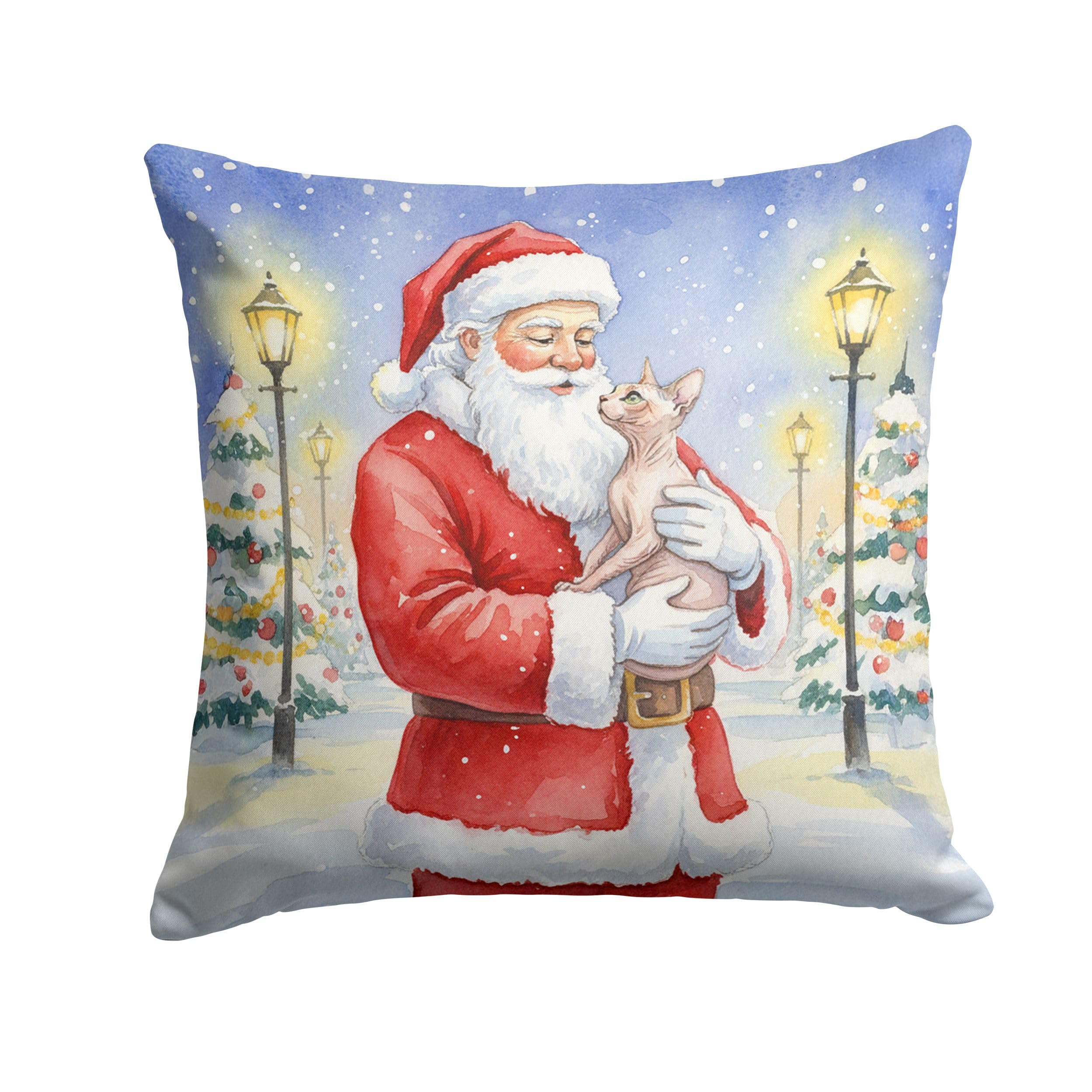 Carolines Treasures Sphynx Cat with Santa Claus Throw Pillow Decorative Indoor Outdoor Accent Cushion for Couch, Bed or Patio, 14Hx14W