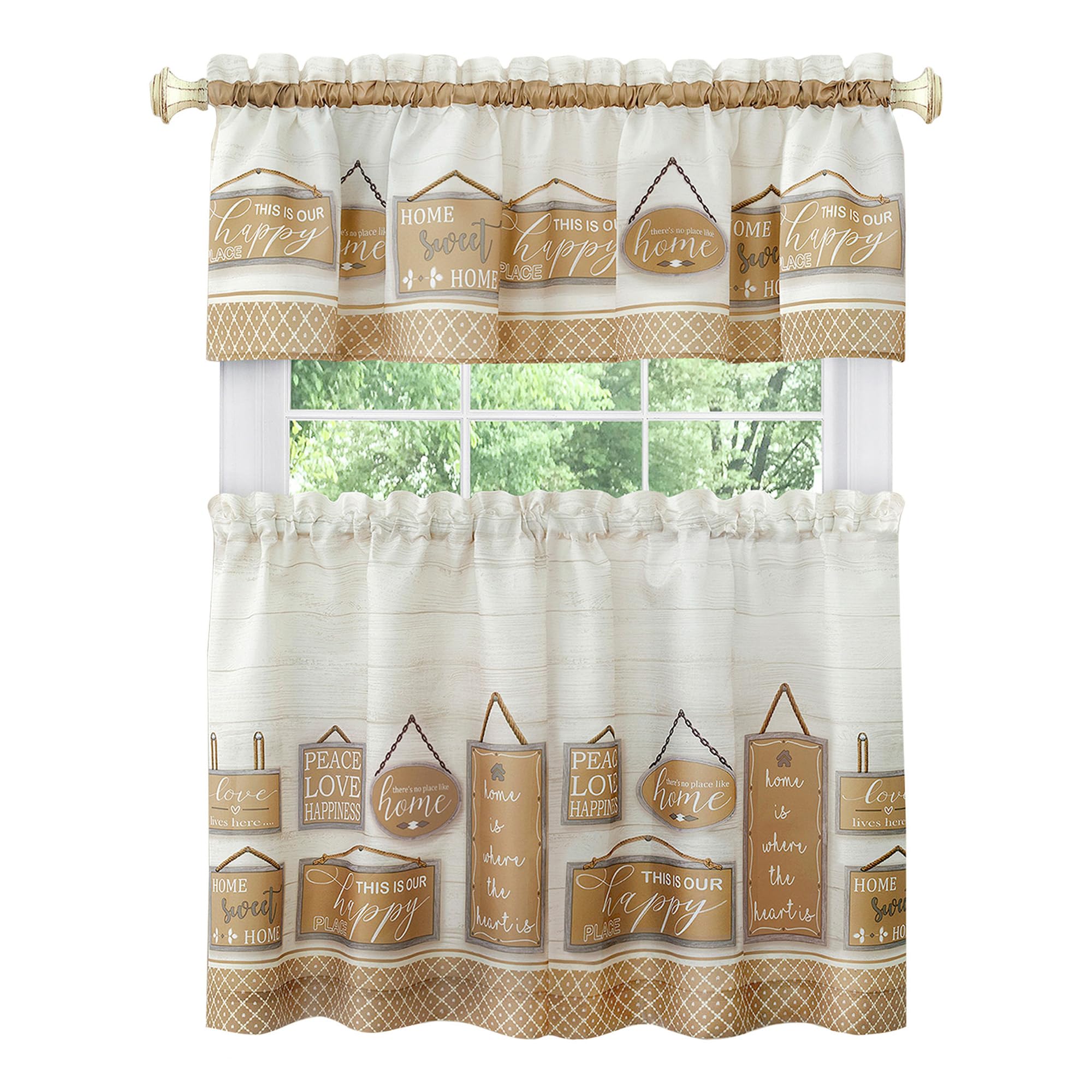 Modern Farmhouse Tier and Valance Window Curtain Set - 58x24 - Tan