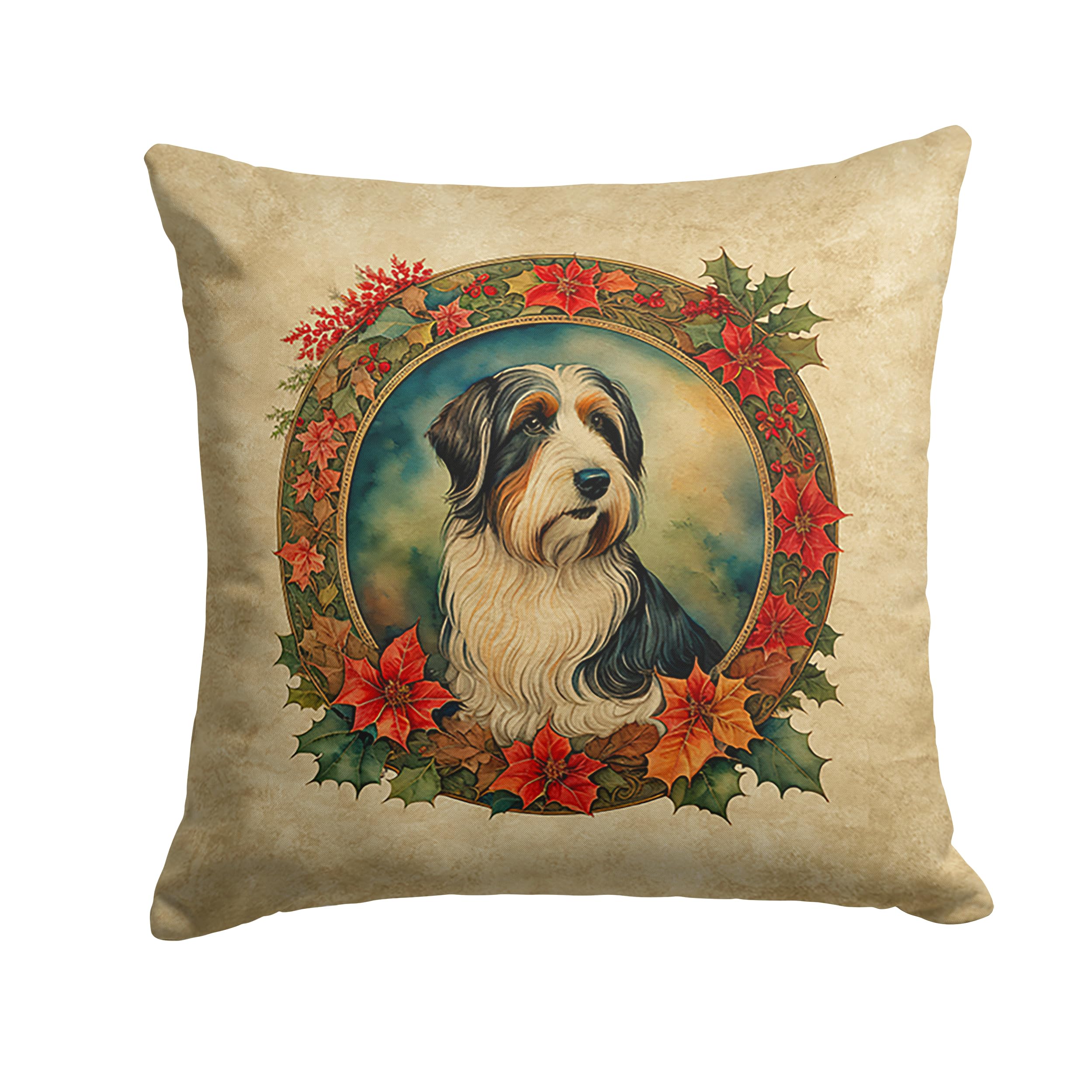 Bearded Collie Christmas Flowers Throw Pillow