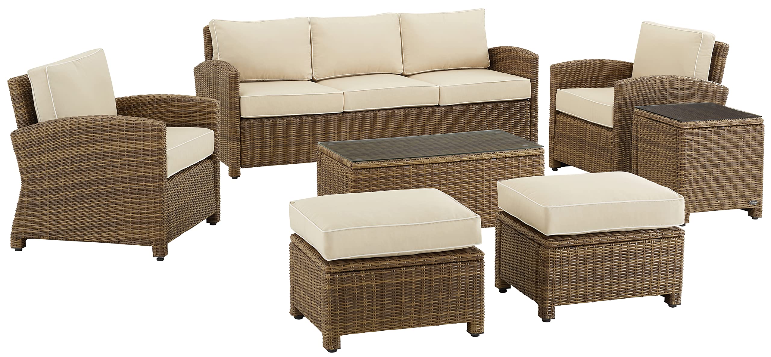 Bradenton 7Pc Outdoor Wicker Sofa Set- Sofa, Coffee Table, Side Table, 2 Armchairs & 2 Ottomans