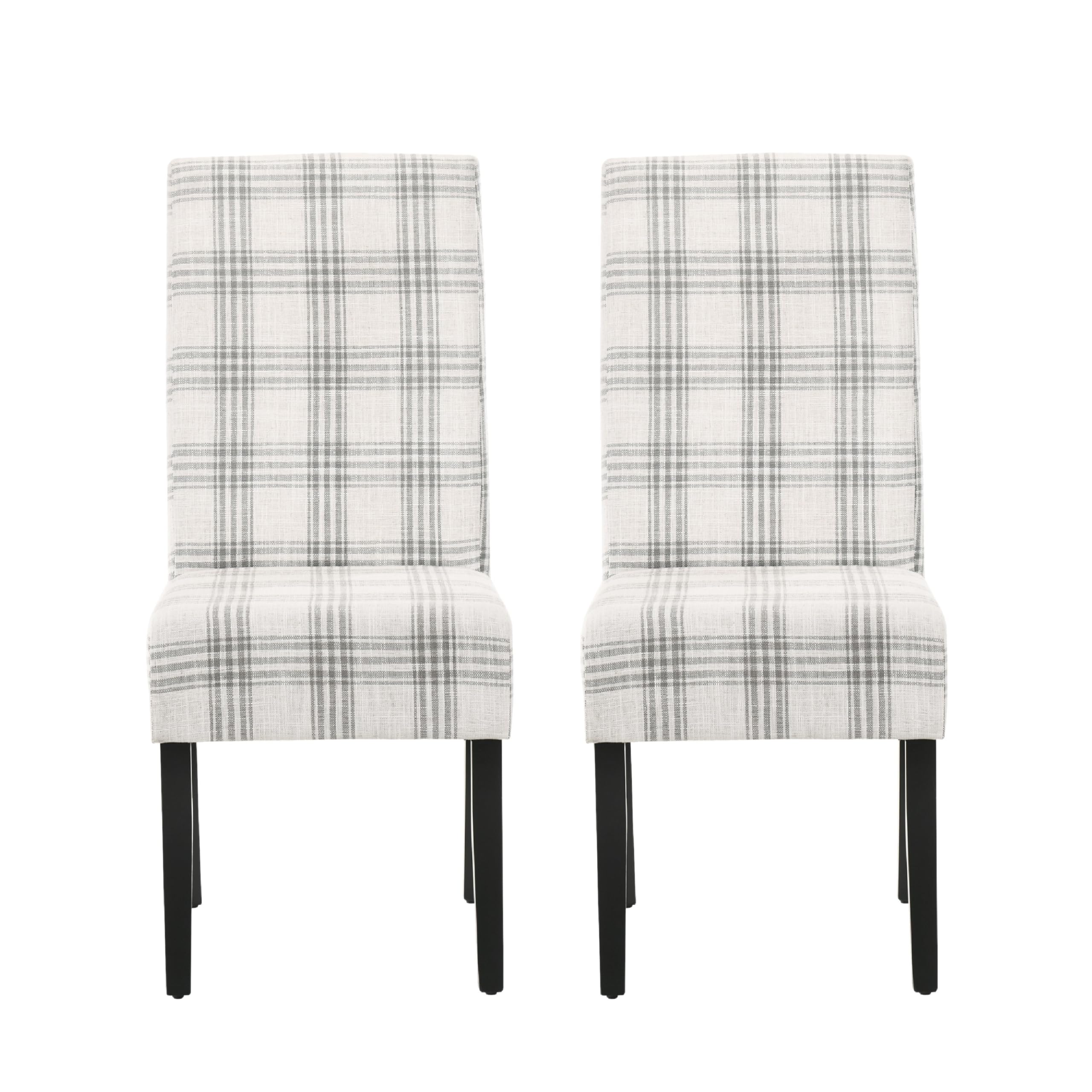 Cini Dining Side Chair Set of 2, Gray Plaid Fabric, Black Wood Legs