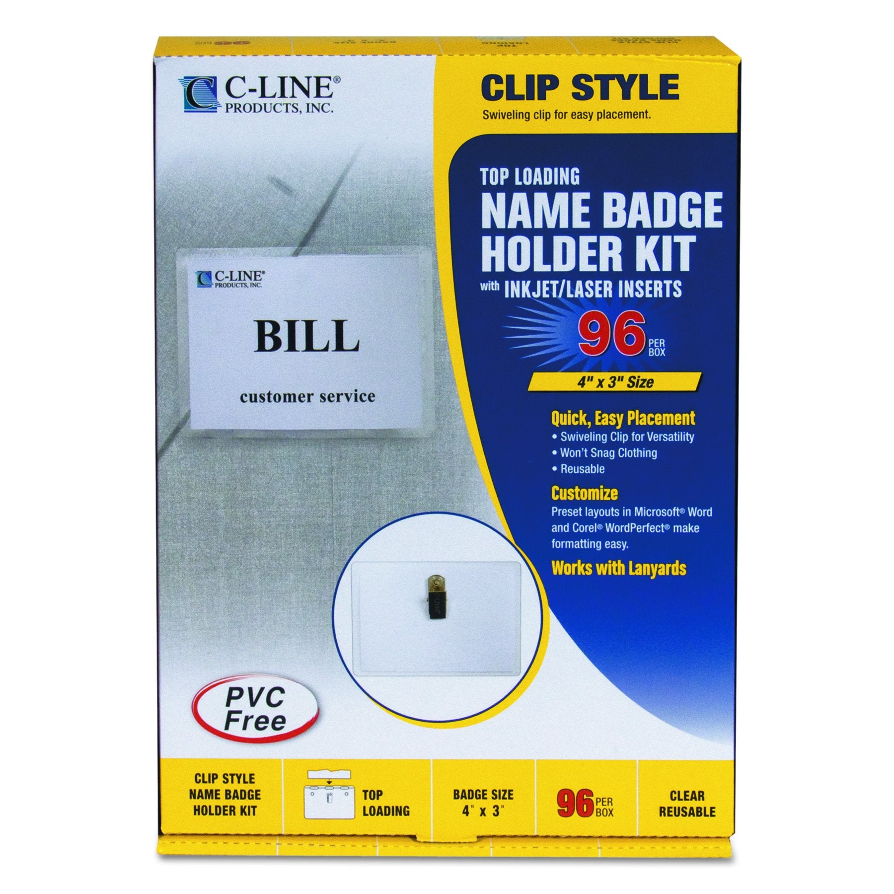 C-Line Name Badge Kit With Inserts, Clip Style, Top Load, 4 X 3, Clear, Box Of 96 (95596)