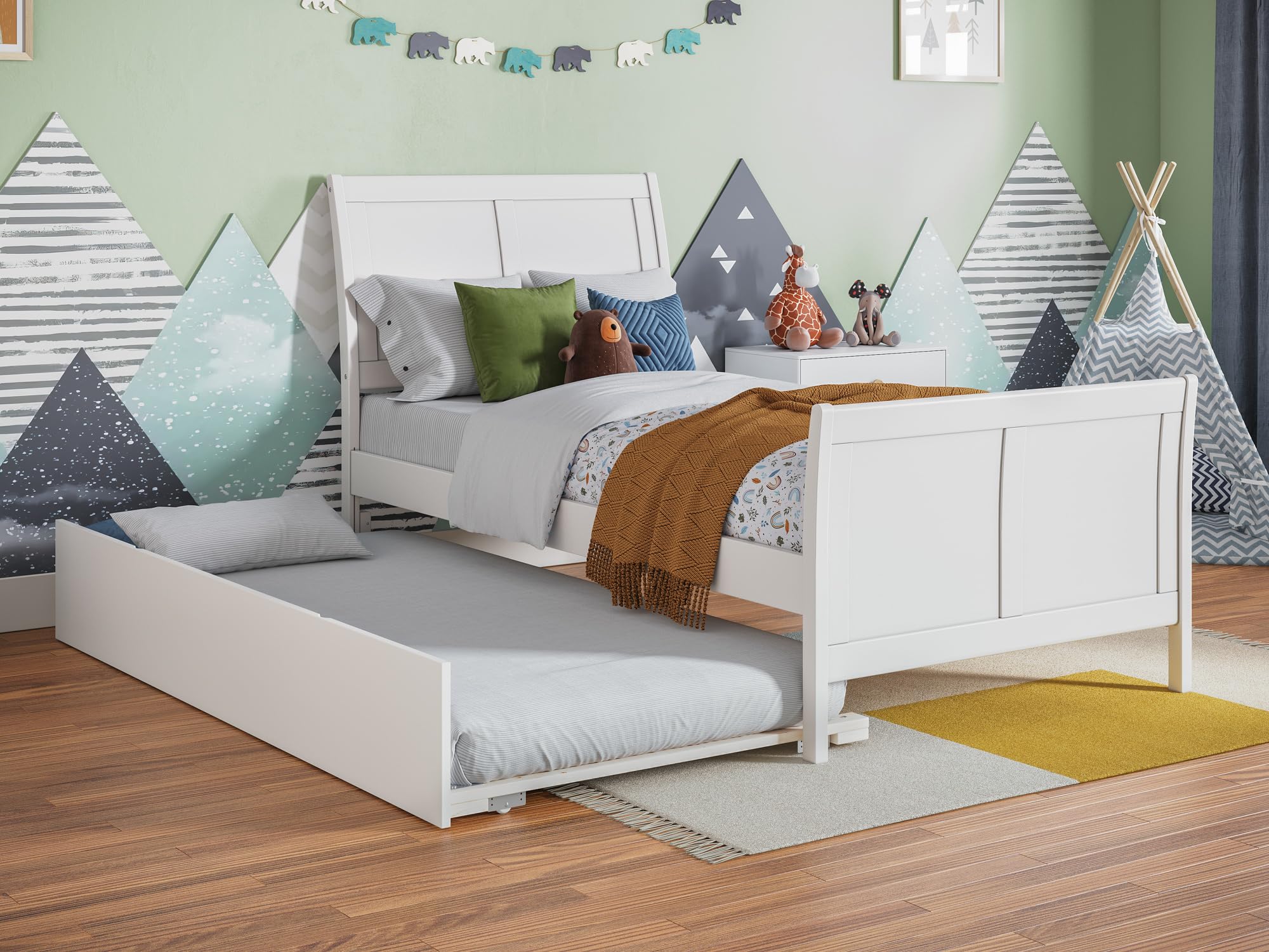Portland Twin Platform Bed with Matching Foot Board with Twin Size Urban Trundle Bed in White