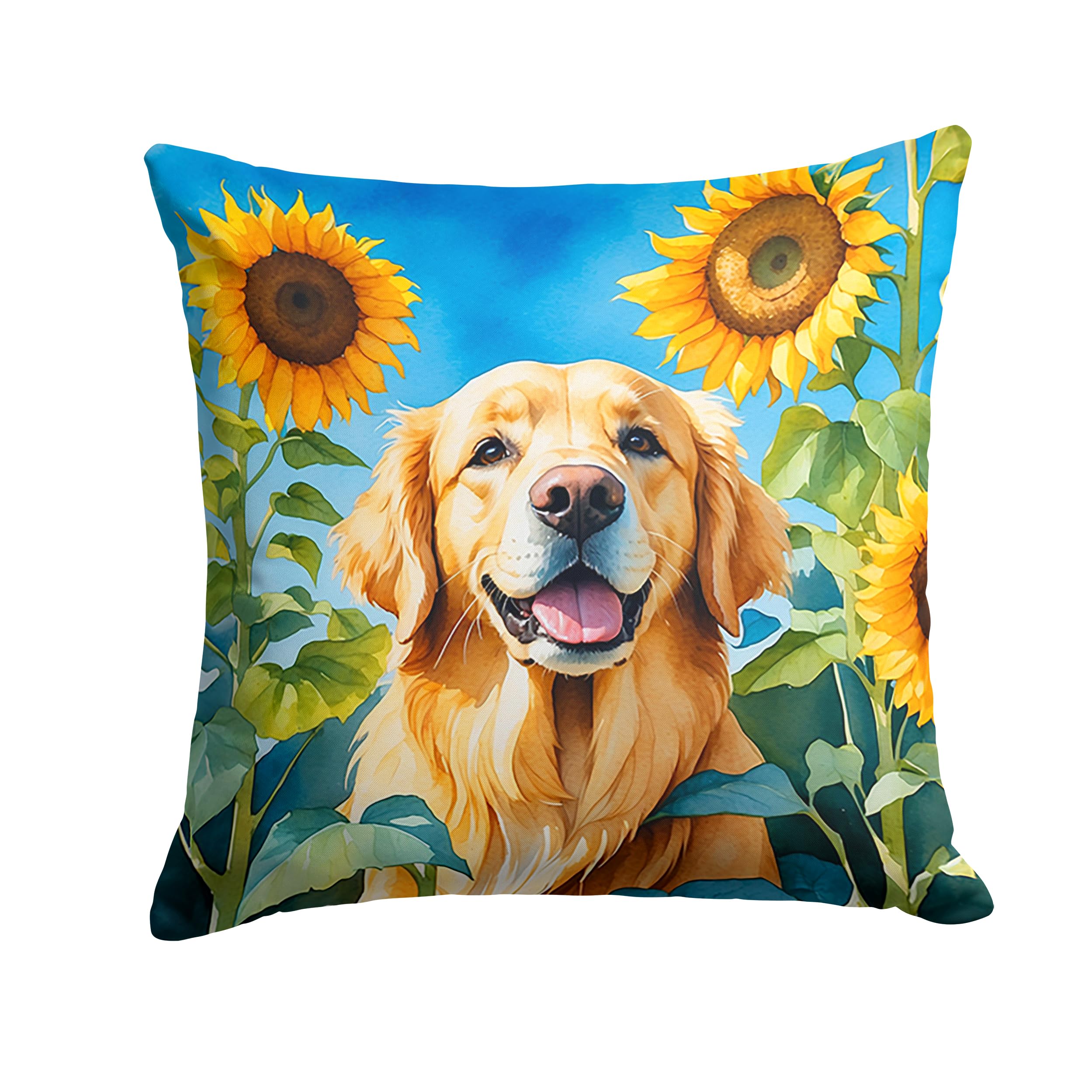 Carolines Treasures in Sunflowers Throw Pillow, 18Hx18W, Golden Retriever 6088