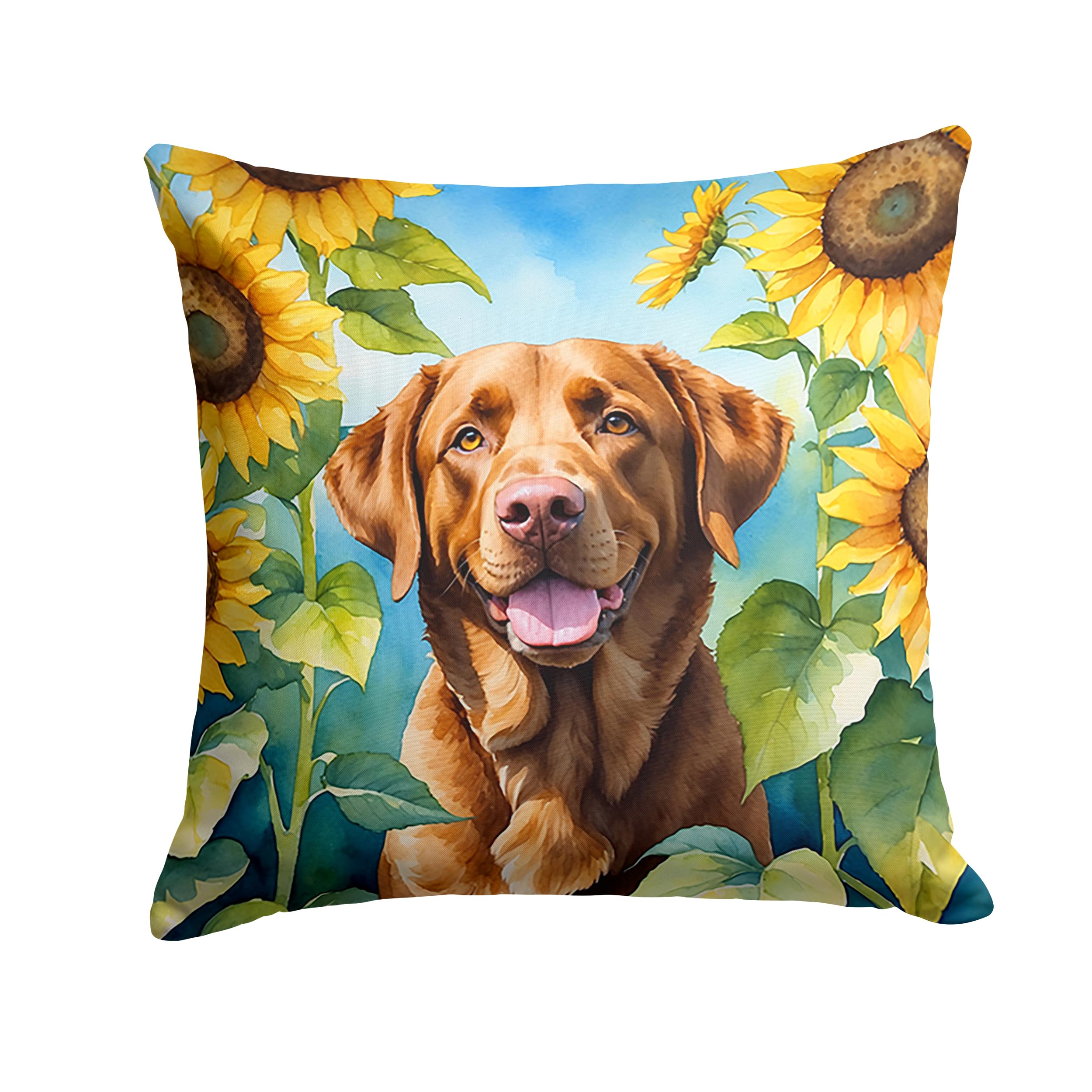 Carolines Treasures in Sunflowers Throw Pillow, 18Hx18W, Chesapeake Bay Retriever 6050