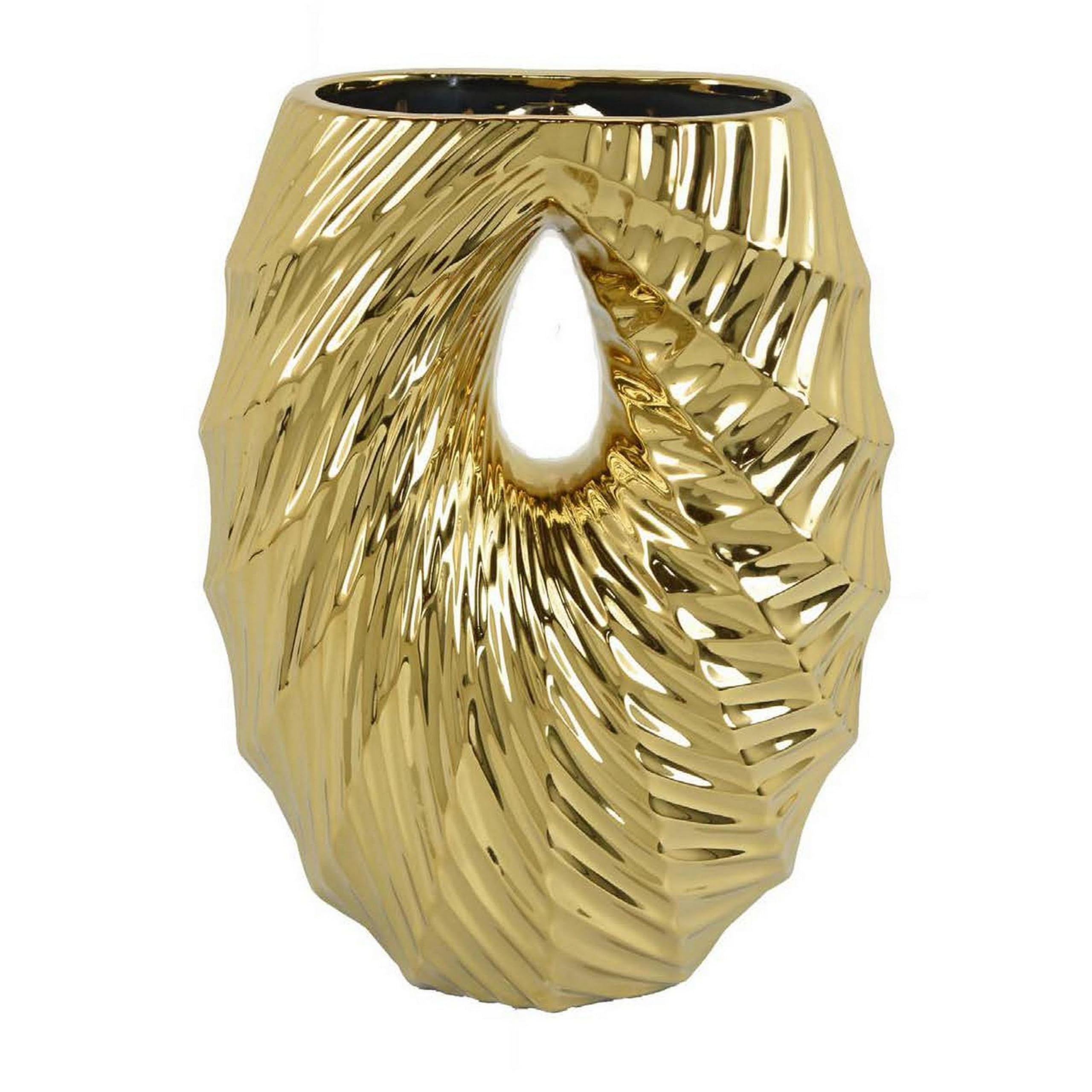 Decorative Vase, 16 Inch U Shape Ceramic Body, Gold Geometric Pattern