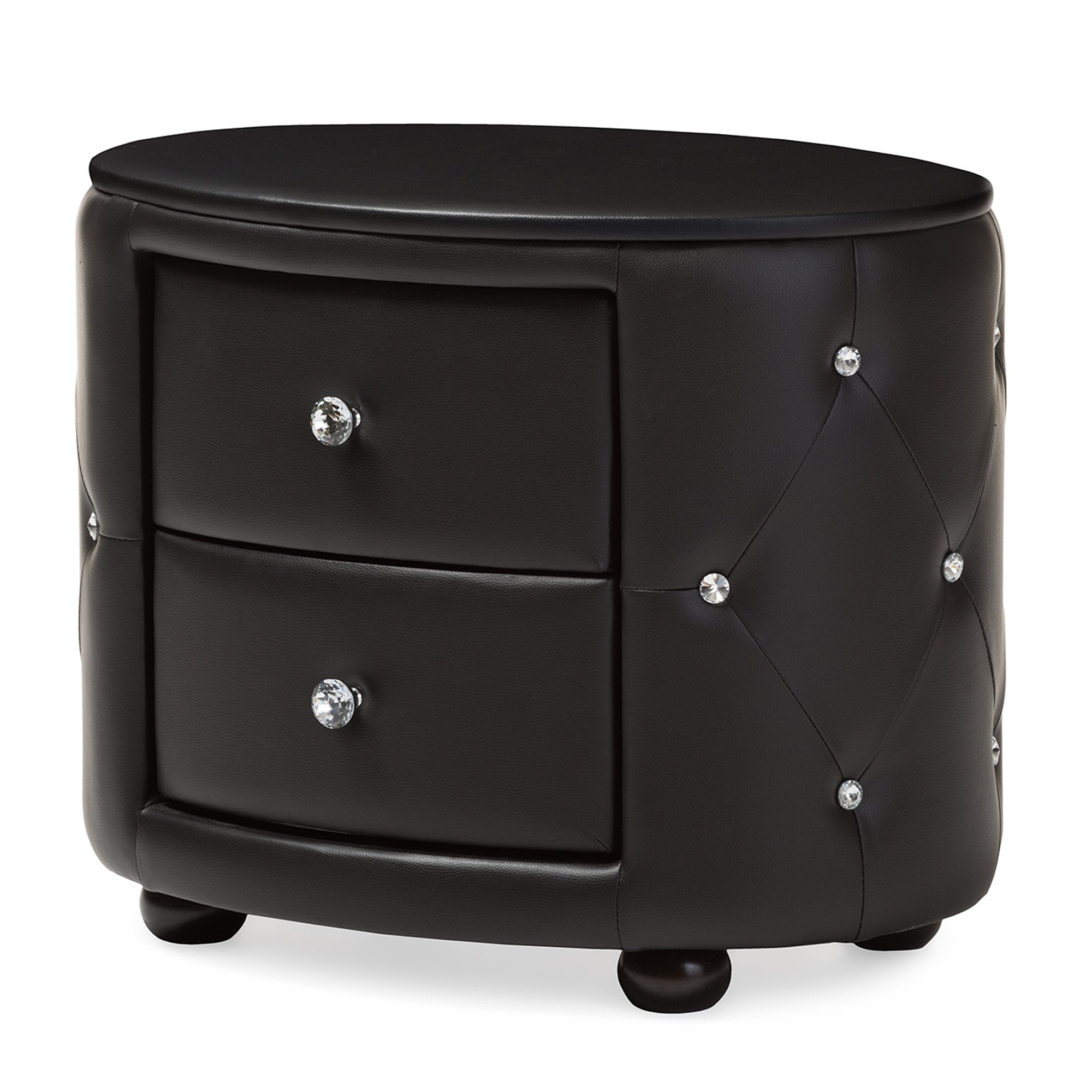 Baxton Studio Davina Hollywood Glamour Style Oval 2-drawer Black Faux Leather Upholstered Nightstand
