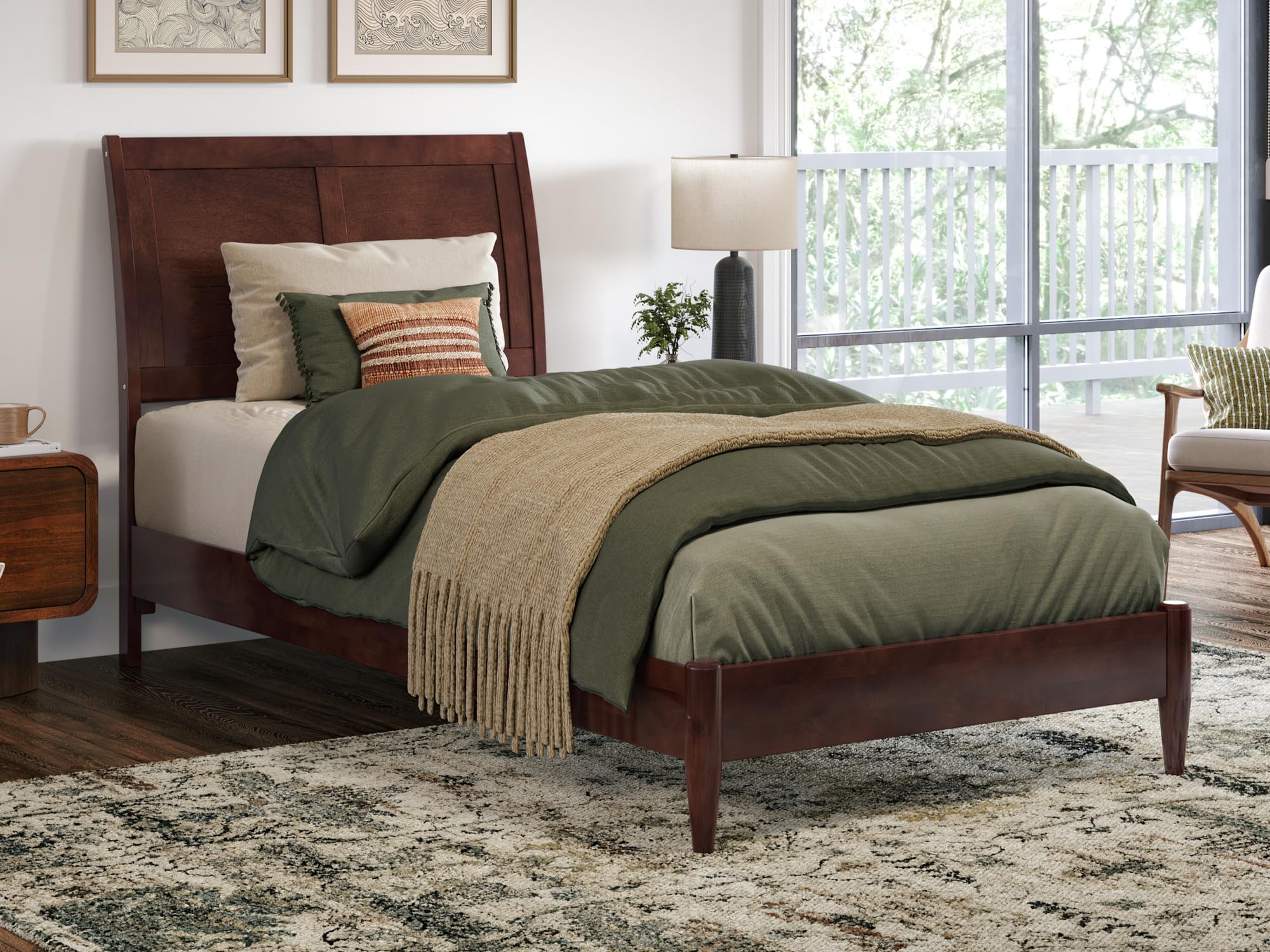 Valencia Twin XL Solid Wood Low Profile Sleigh Platform Bed in Walnut