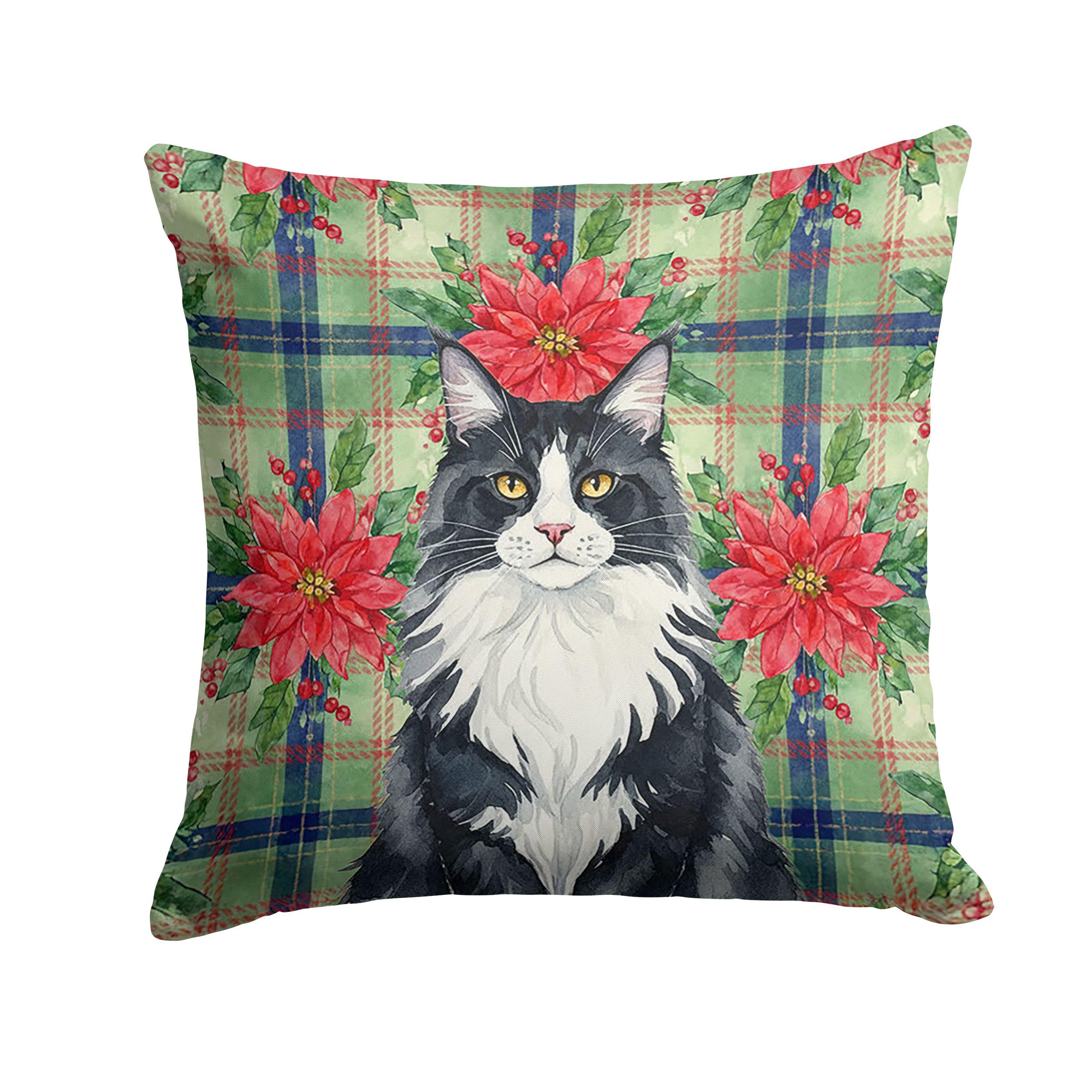 Carolines Treasures MaineCoon Black and White Cat with Poinsettias Throw Pillow Decorative Indoor Outdoor Accent Cushion for Couch, Bed or Patio, 14Hx14W