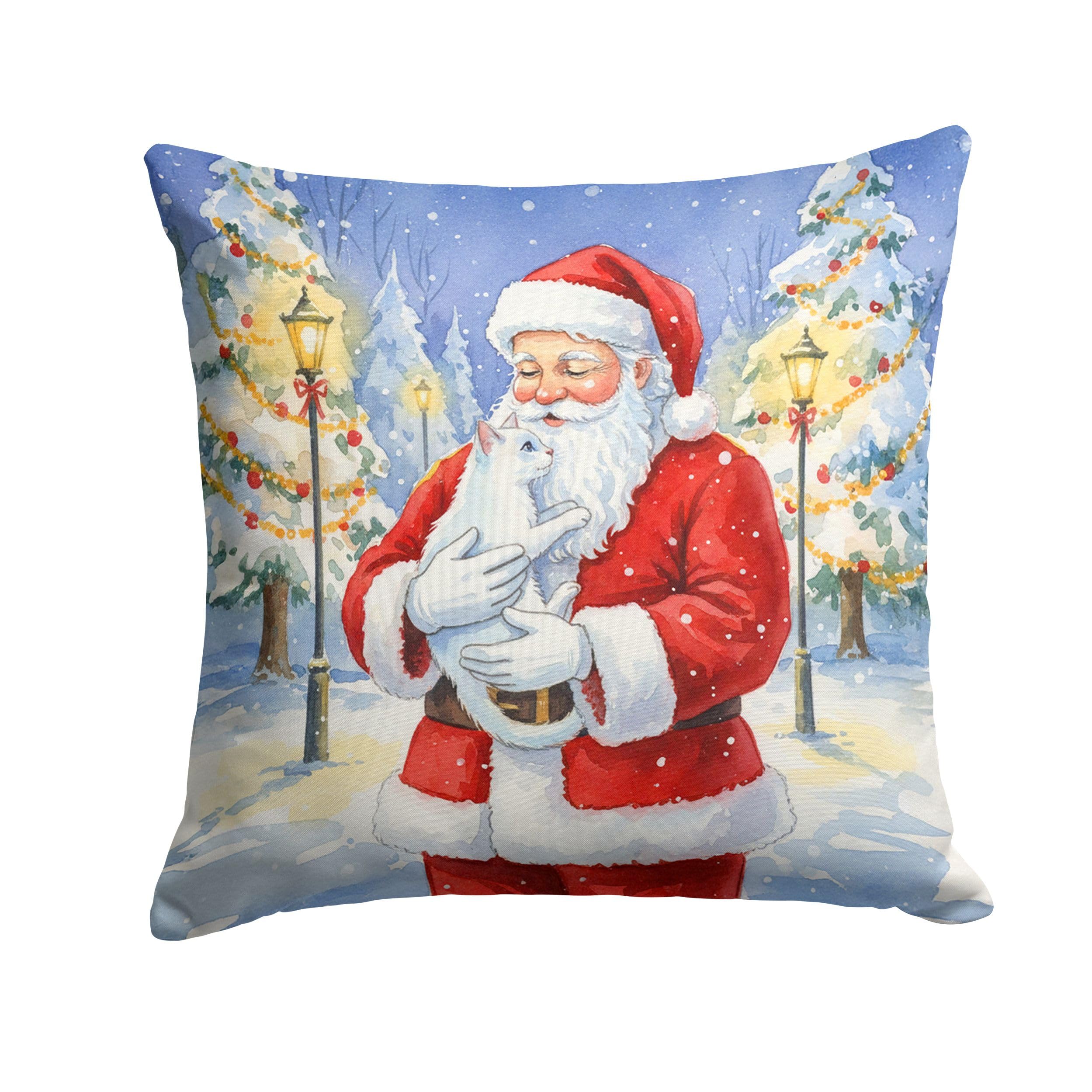 Carolines Treasures Khao Manee Cat with Santa Claus Throw Pillow Decorative Indoor Outdoor Accent Cushion for Couch, Bed or Patio, 14Hx14W