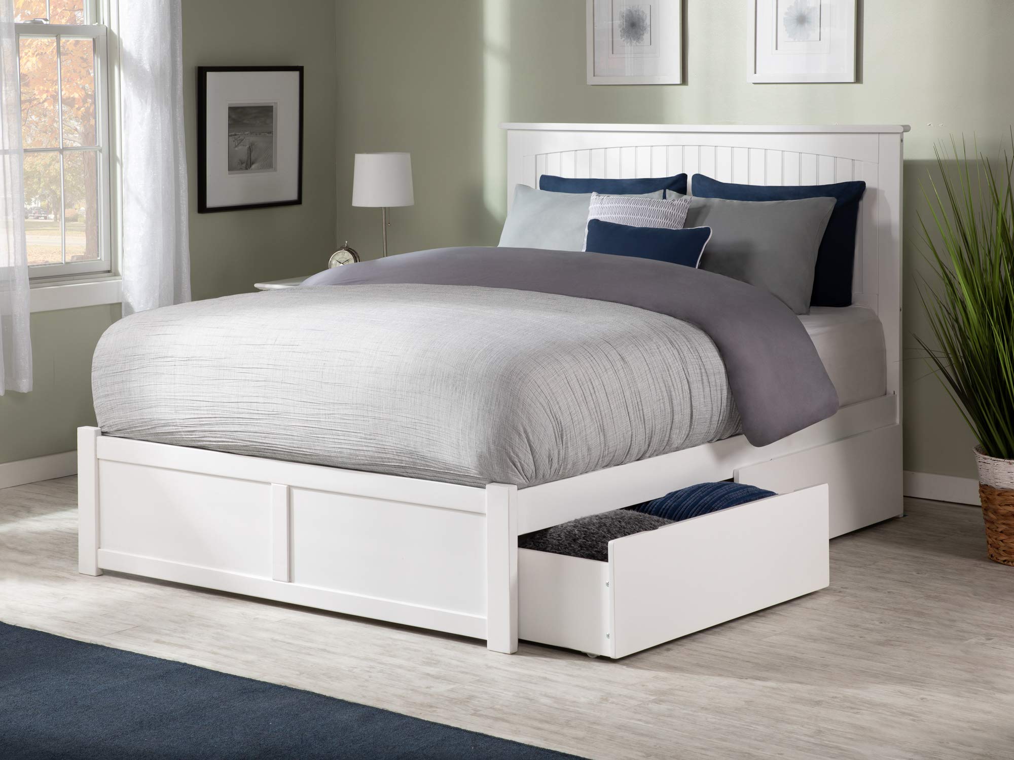 Nantucket King Solid Wood Platform Bed with Footboard & 2 Storage Drawers in White