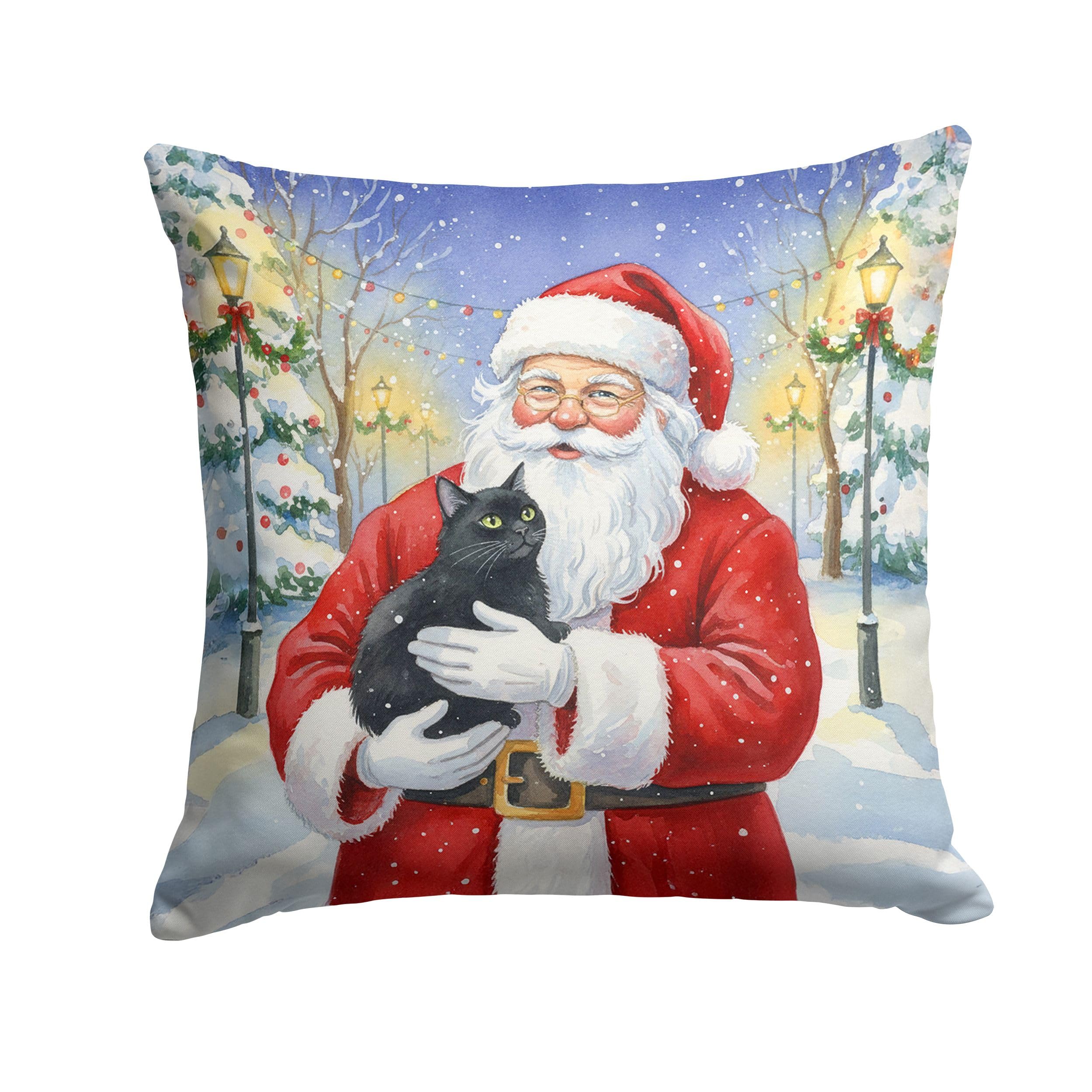 Carolines Treasures Black Cat with Santa Claus Throw Pillow Decorative Indoor Outdoor Accent Cushion for Couch, Bed or Patio, 14Hx14W