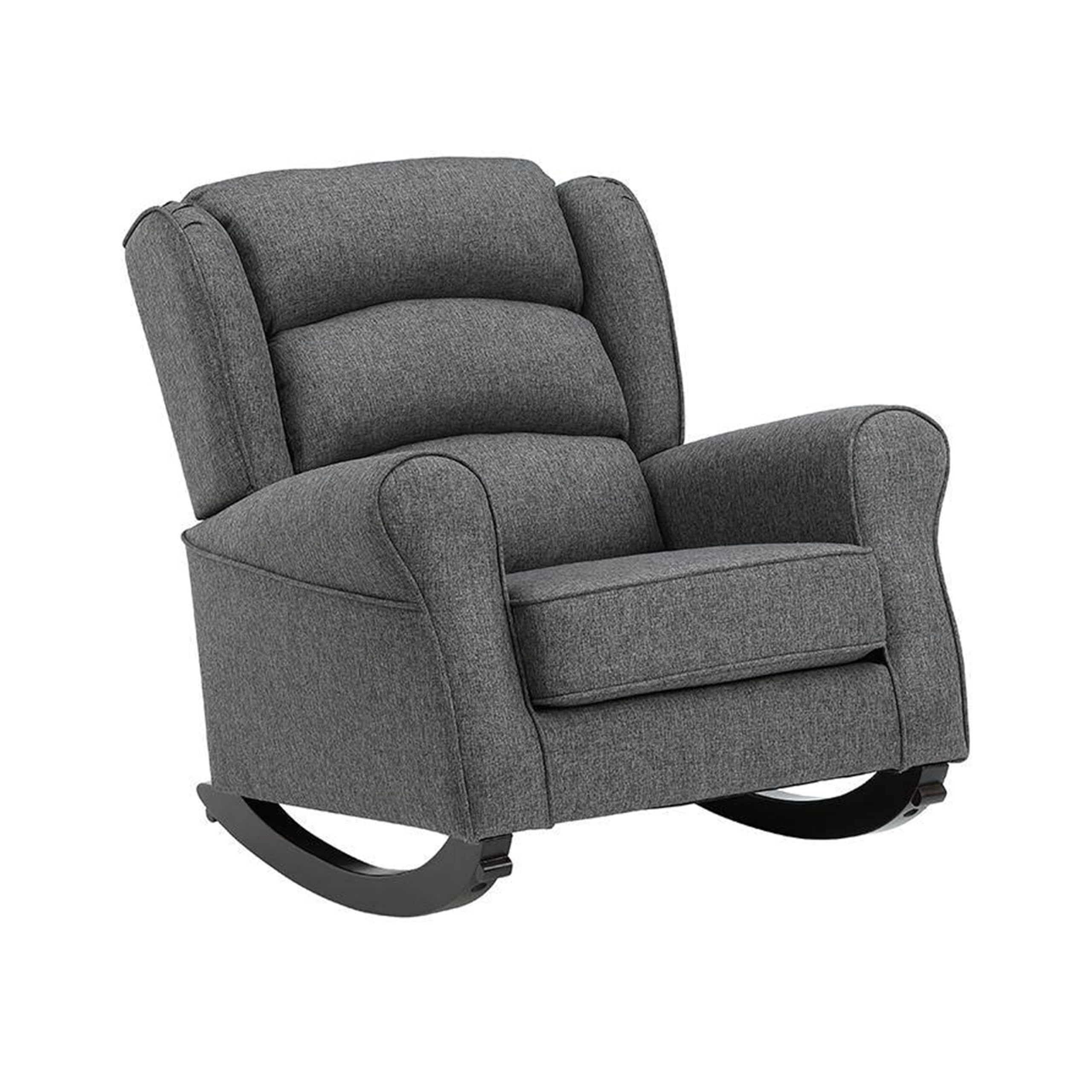 34 Inch Rocking Chair, Wood Frame, Channel Tufted Gray Fabric Upholstery