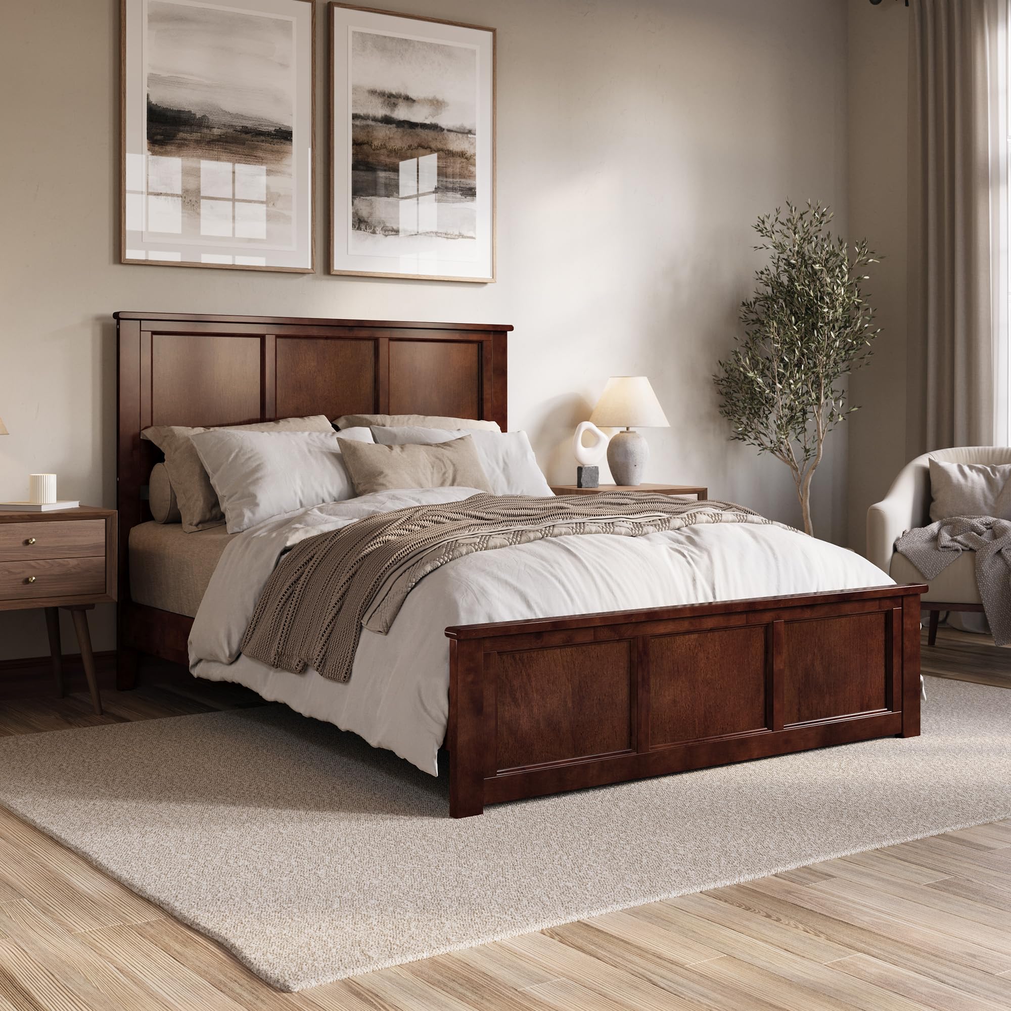 Charlotte Queen Solid Wood Low Profile Platform Bed with Matching Footboard in Walnut
