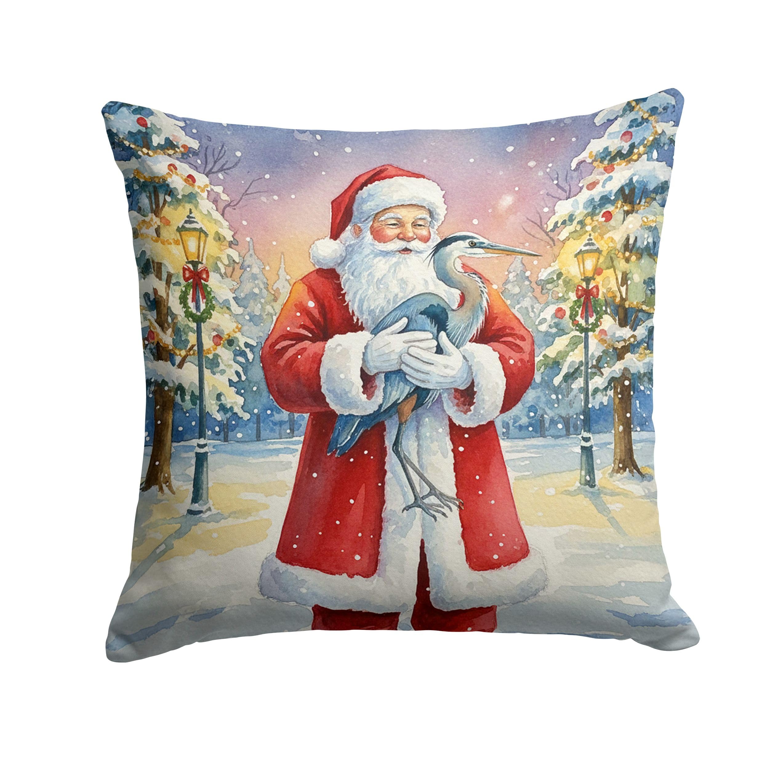 Carolines Treasures Blue Heron with Santa Claus Throw Pillow Decorative Indoor Outdoor Accent Cushion for Couch, Bed or Patio, 14Hx14W