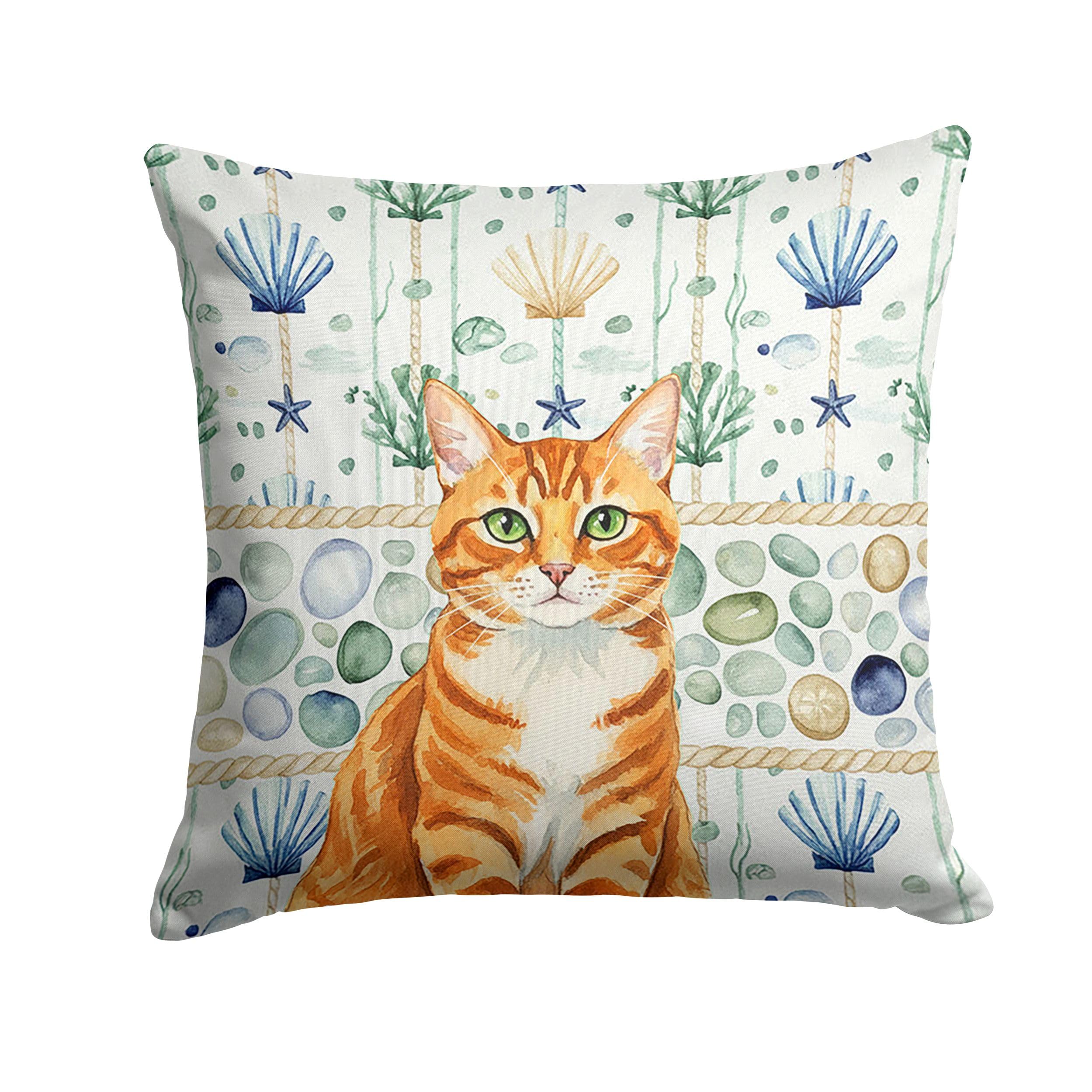 Carolines Treasures Orange Mackerel Tabby Cat Coastal Sea Glass Throw Pillow Decorative Indoor Outdoor Accent Cushion for Couch, Bed or Patio, 14Hx14W