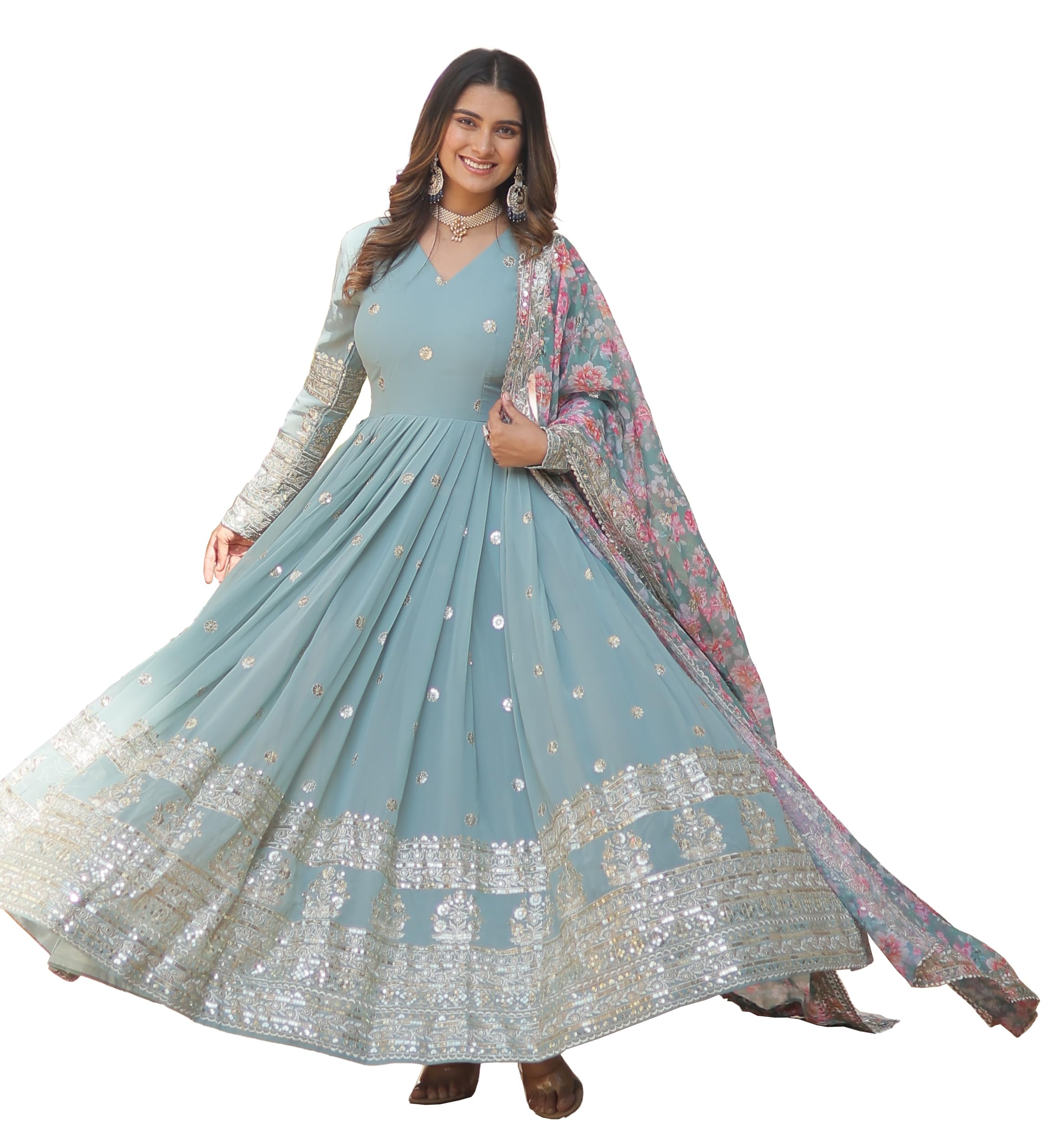 Wedani Faux Georgette Embroidered Work Anarkali Kurta Set for Women (Sky Blue, S)