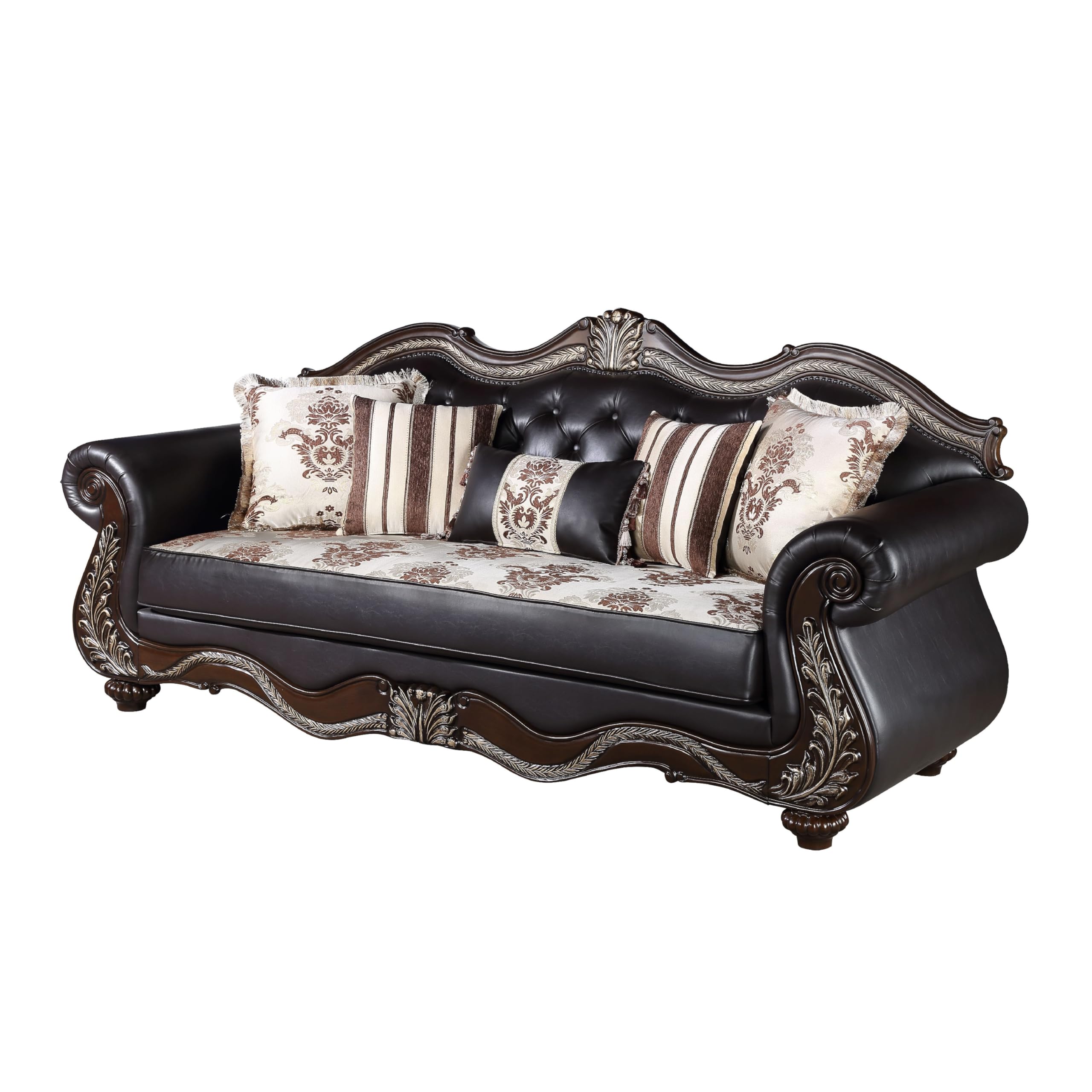 Liana Sofa, Ornate Carving, Lux Cherry Brown Faux Leather, 5 Pillows