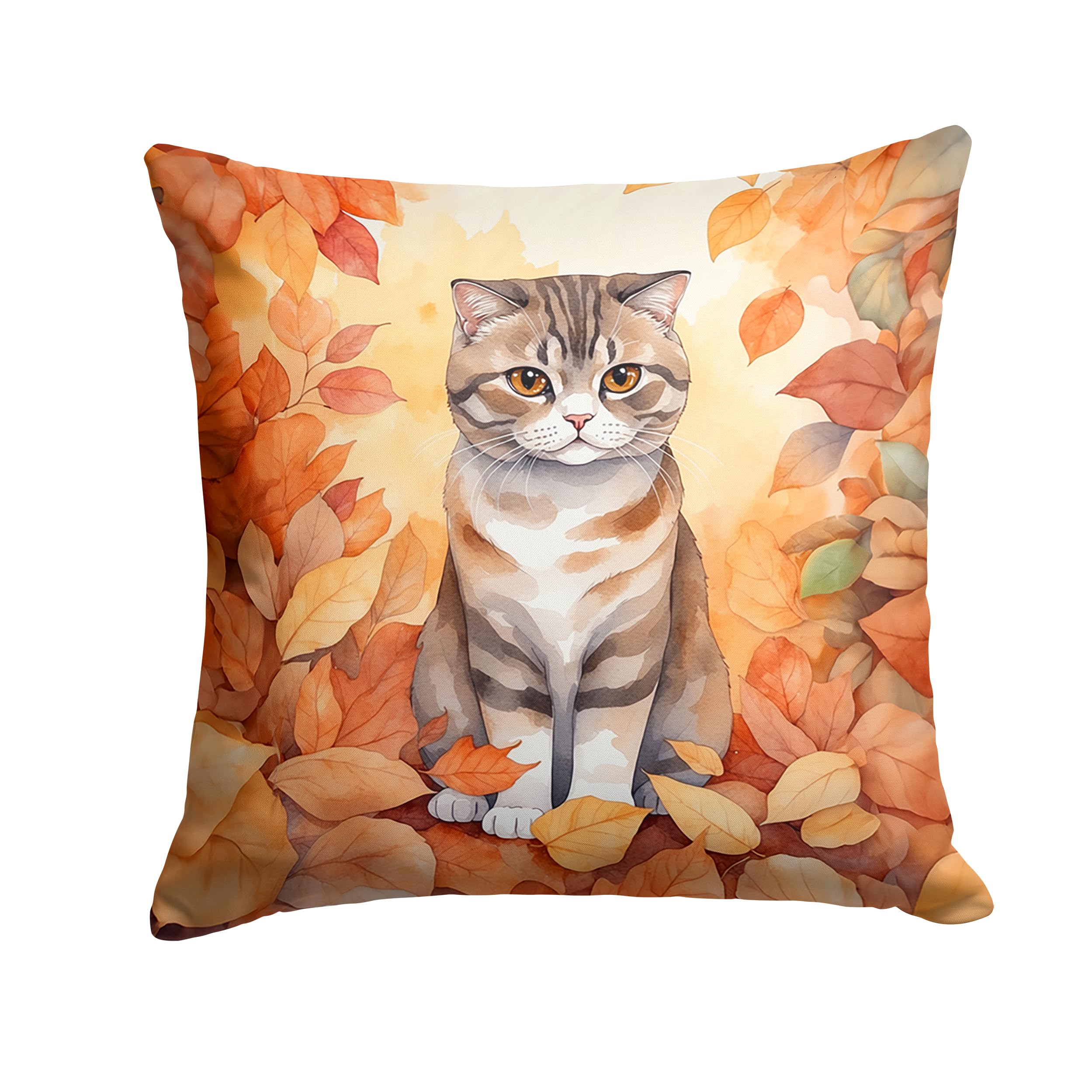 Carolines Treasures Scottish Fold Cat in Fall Leaves Throw Pillow Machine Washable, Indoor Outdoor Decorative Pillow for Couch, Bed or Patio, 18Hx18W