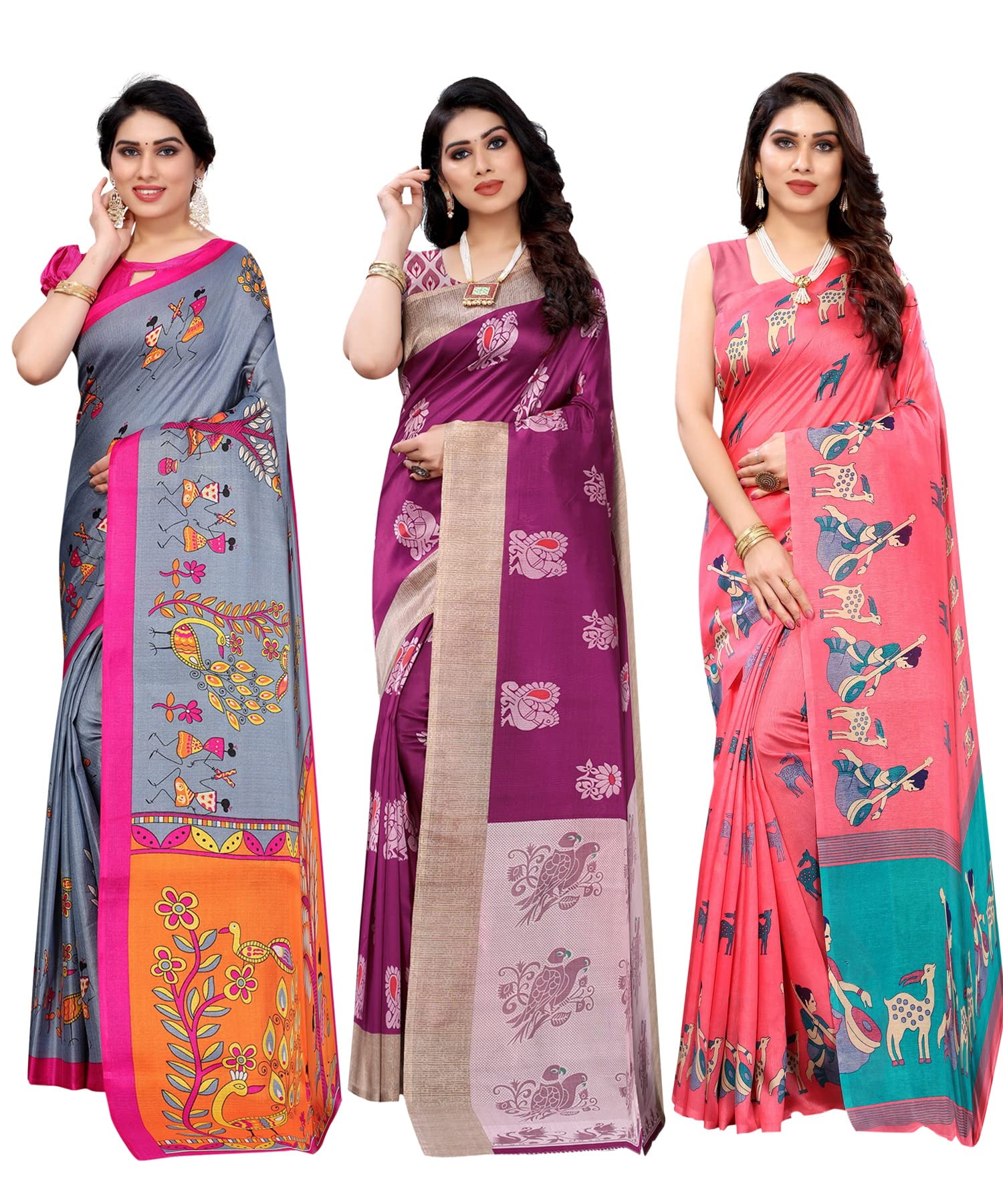 Yashika Women's Combo Art Silk Saree with Blouse Piece-Pack of 3(DANDIYA Grey-Kesar Wine-MAITHALI Pink) Multicolor-05