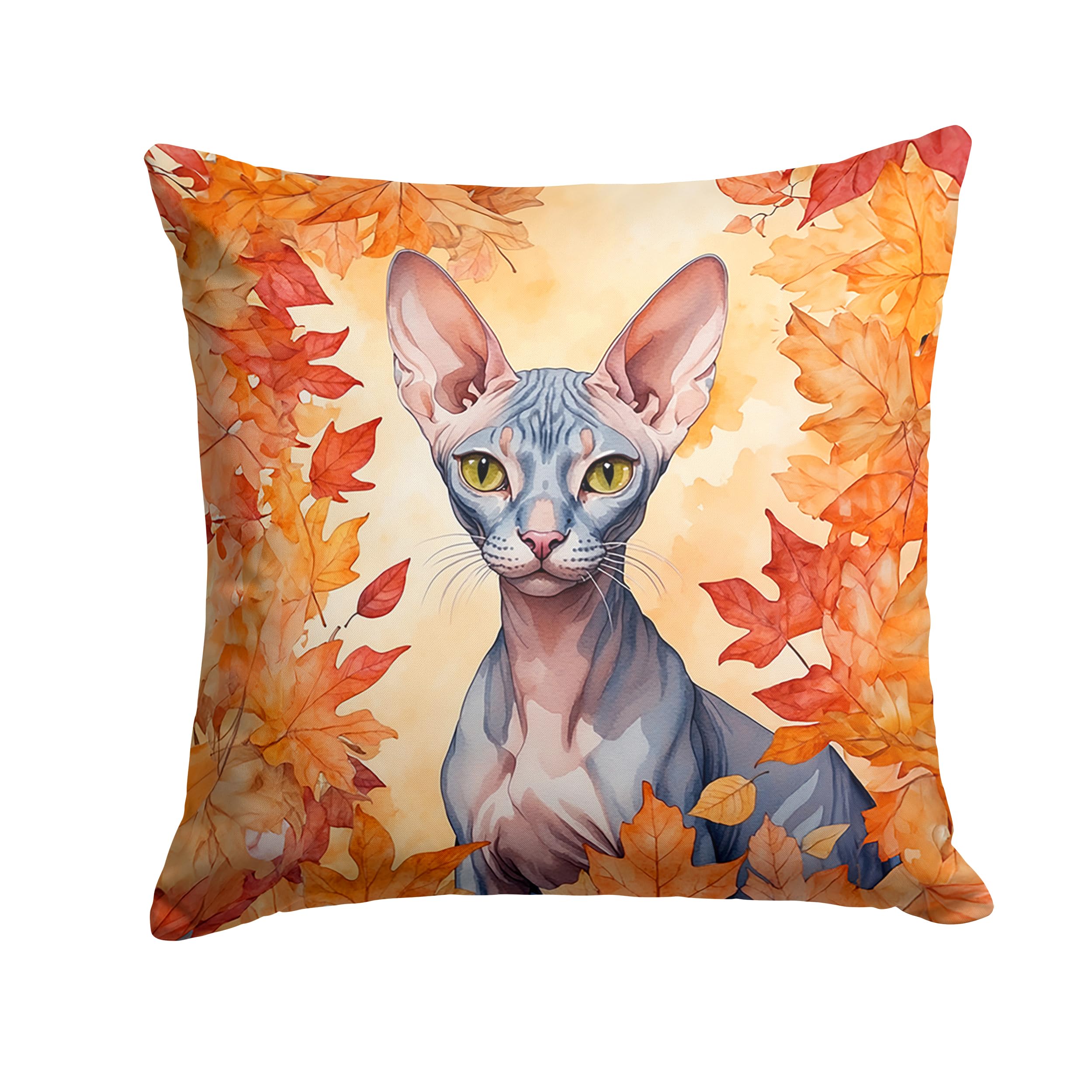 Carolines Treasures Peterbald Cat in Fall Leaves Throw Pillow Machine Washable, Indoor Outdoor Decorative Pillow for Couch, Bed or Patio, 18Hx18W