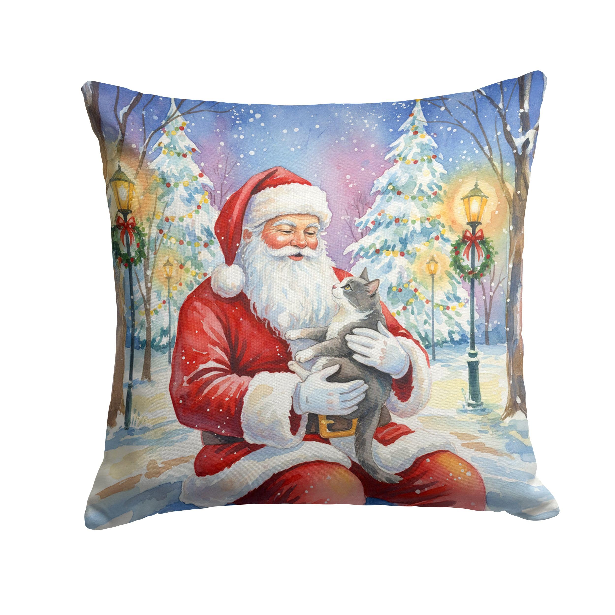 Carolines Treasures Gray and White Cat with Santa Claus Throw Pillow Decorative Indoor Outdoor Accent Cushion for Couch, Bed or Patio, 18Hx18W