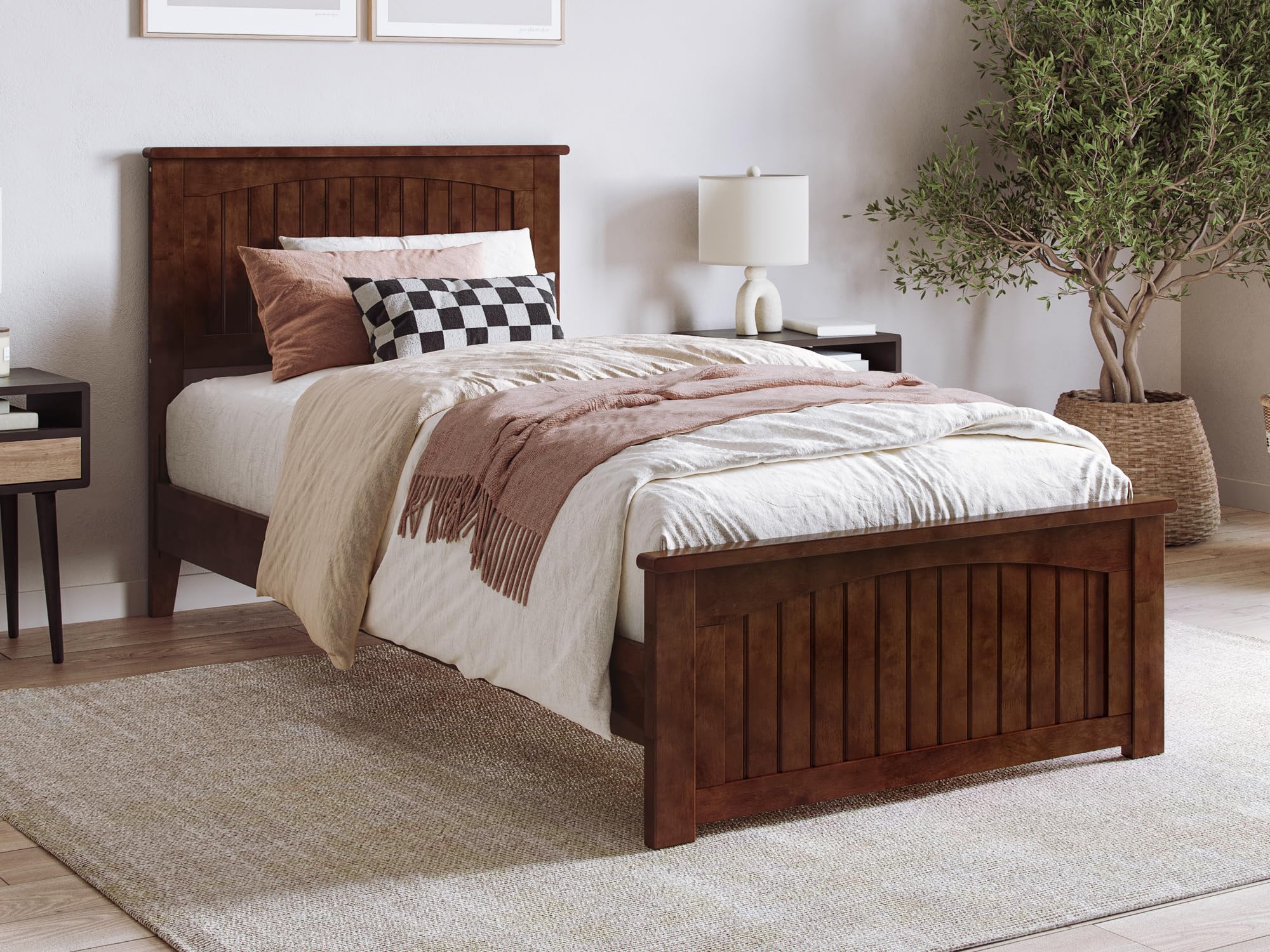 Naples Twin XL Solid Wood Low Profile Platform Bed with Matching Footboard in Walnut