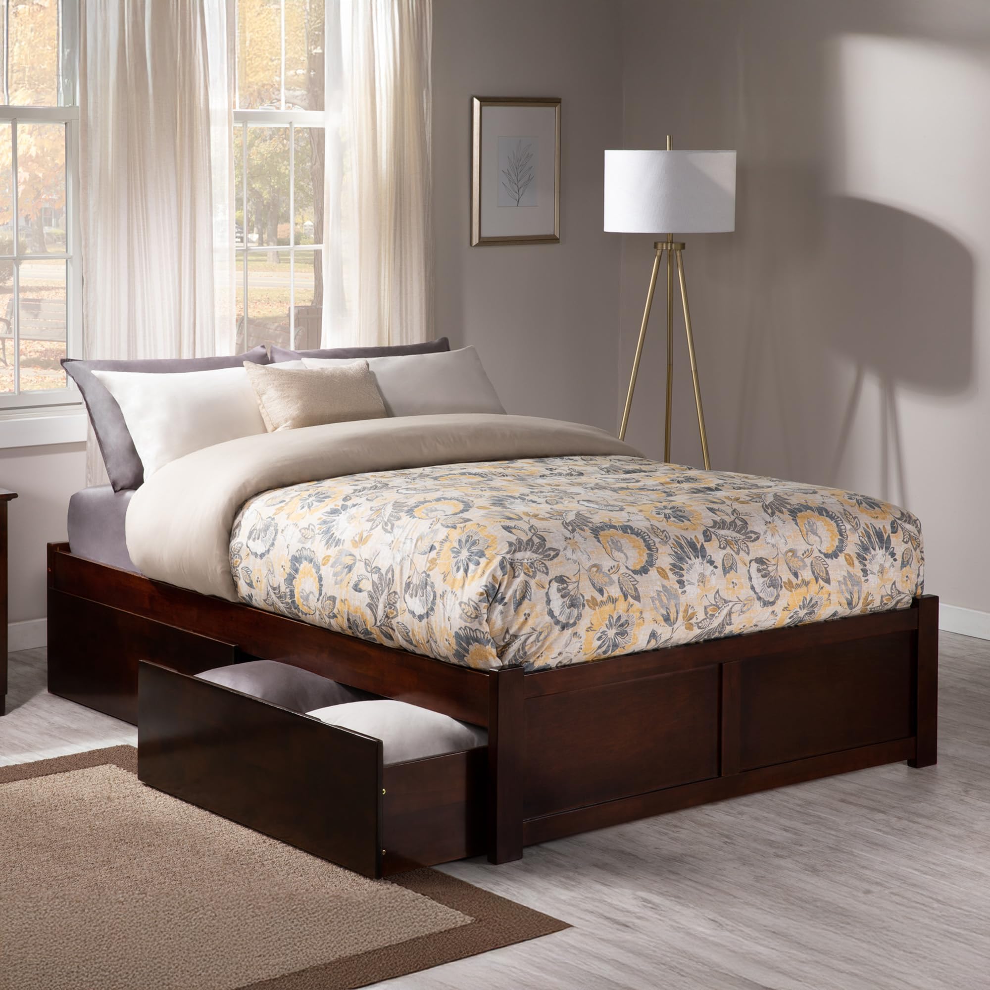 Concord King Platform Bed with Flat Panel Foot Board and 2 Urban Bed Drawers in Walnut