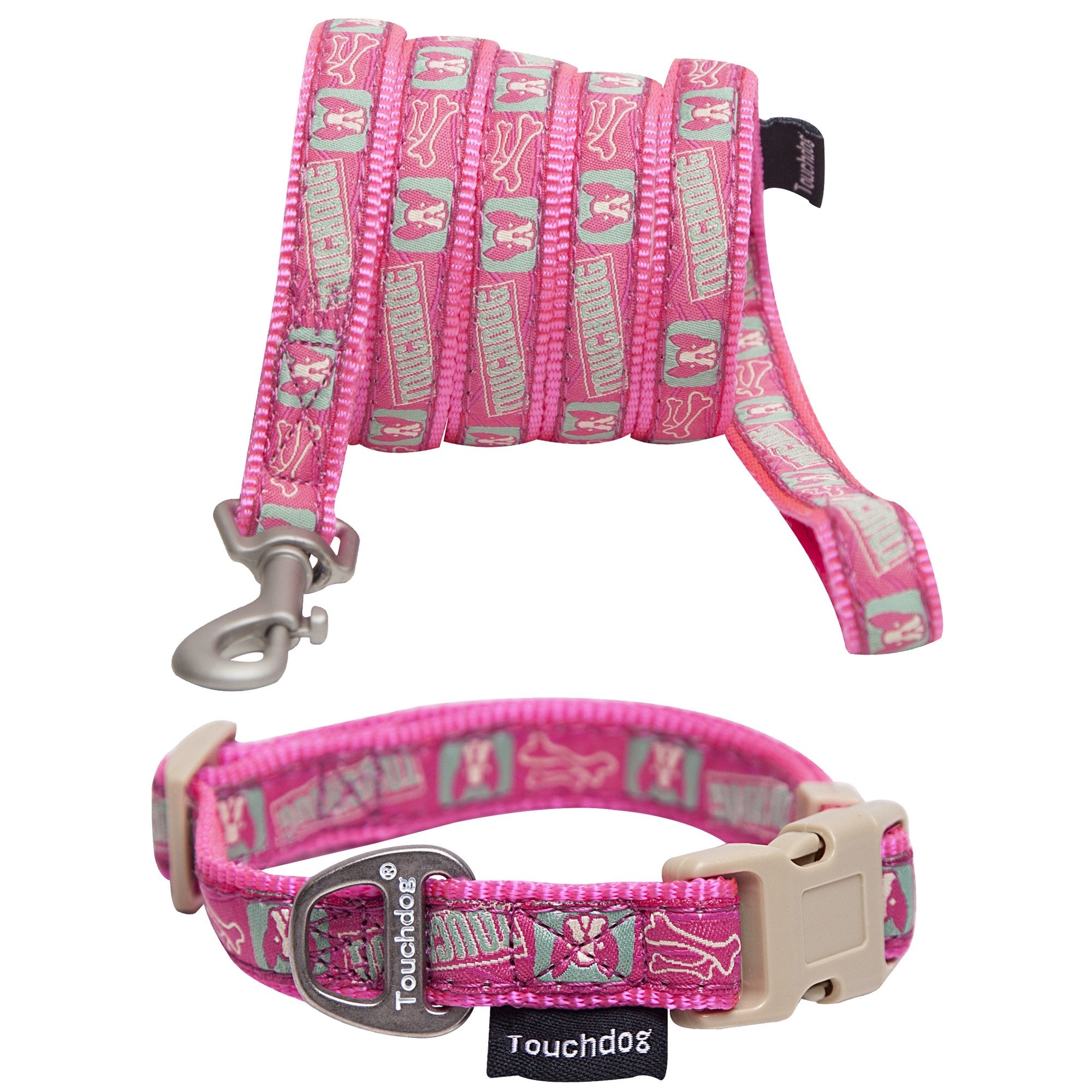 Touchdog Caliber Designer Embroidered Fashion Pet Dog Leash And Collar Combination - Medium - Pink Pattern