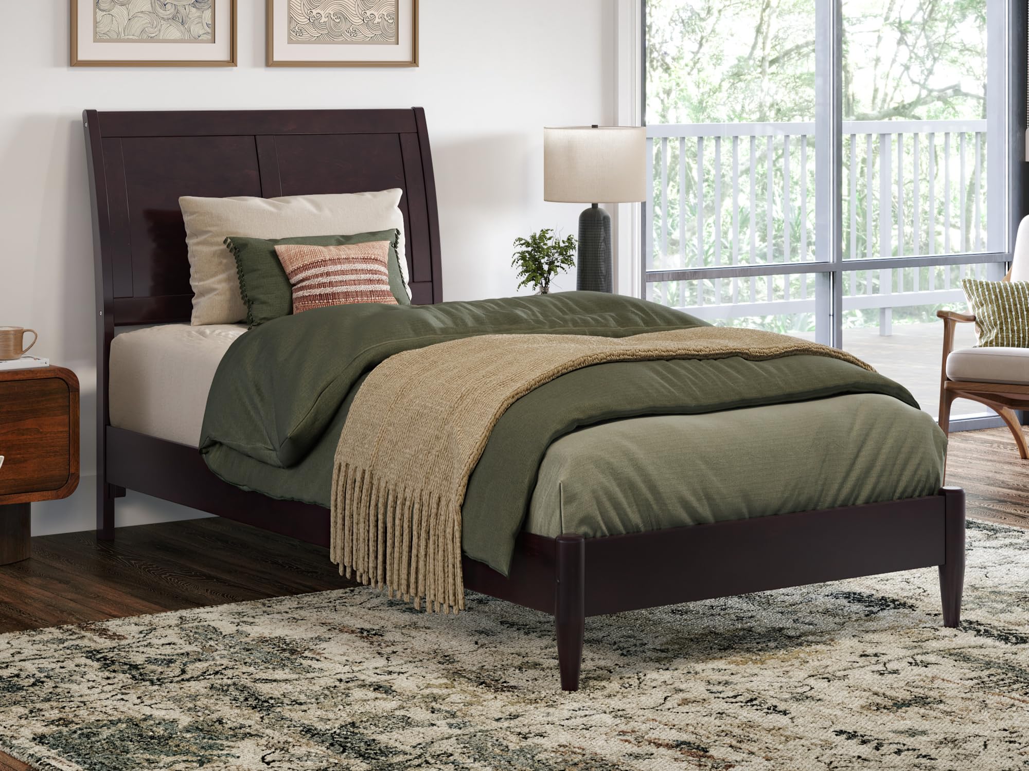 Valencia Twin XL Solid Wood Low Profile Sleigh Platform Bed in Espresso