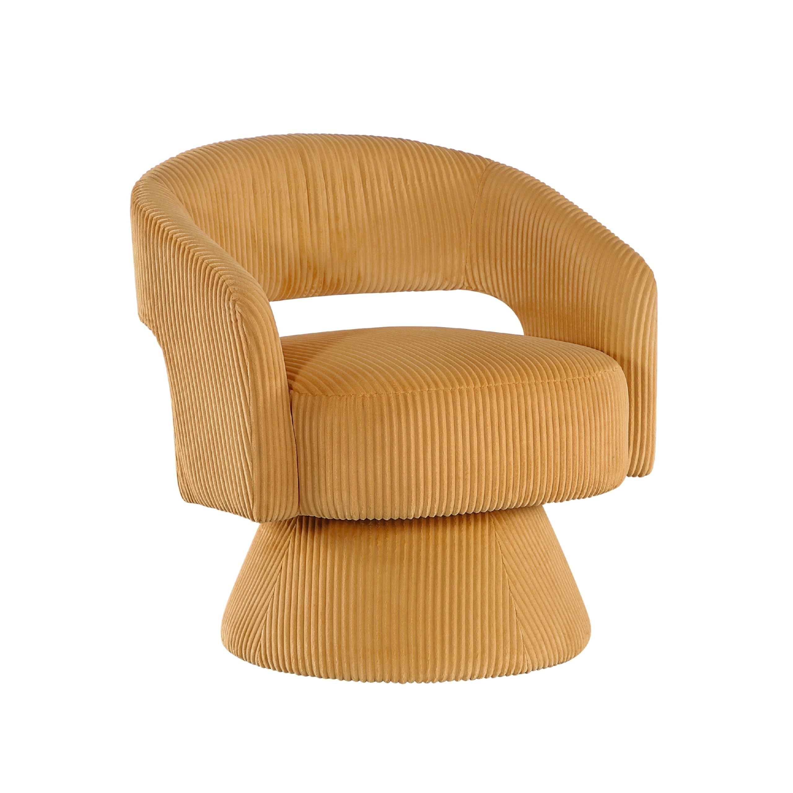 Rayne Swivel Accent Chair, Yellow Corduroy, Round Metal Swivel Base