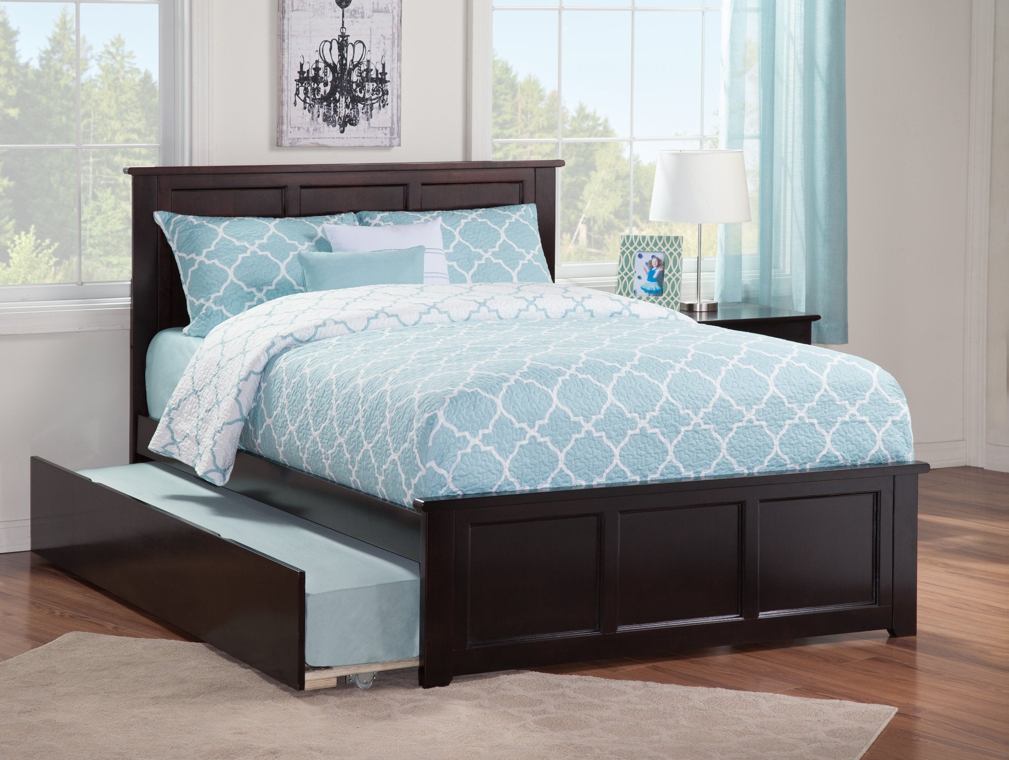 Madison Queen Solid Wood Platform Bed with Matching Footboard & Twin XL Trundle in Espresso