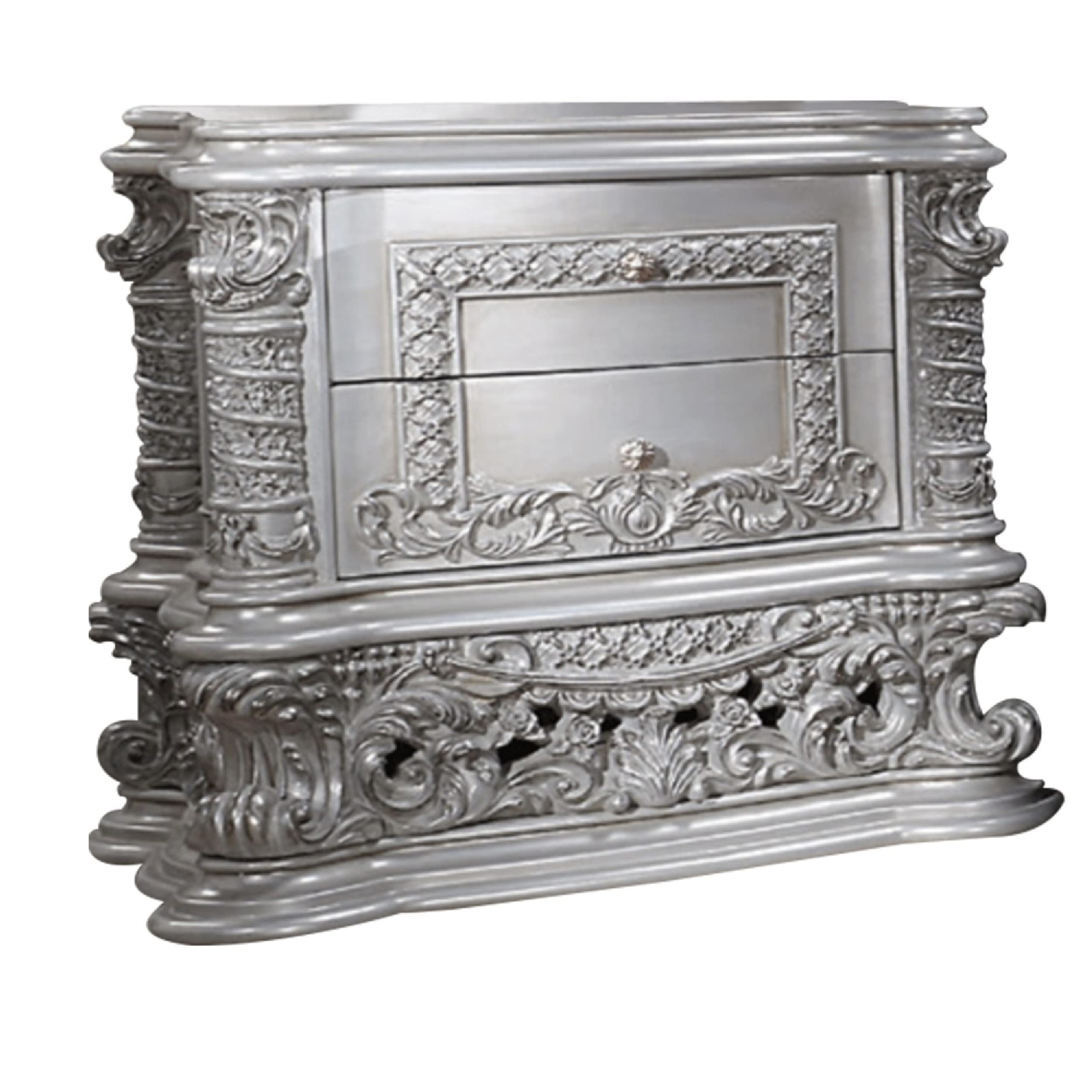 Vera 36 Inch Wood Nightstand, 2 Drawers, Ornate Carving, Gray, Light Gold