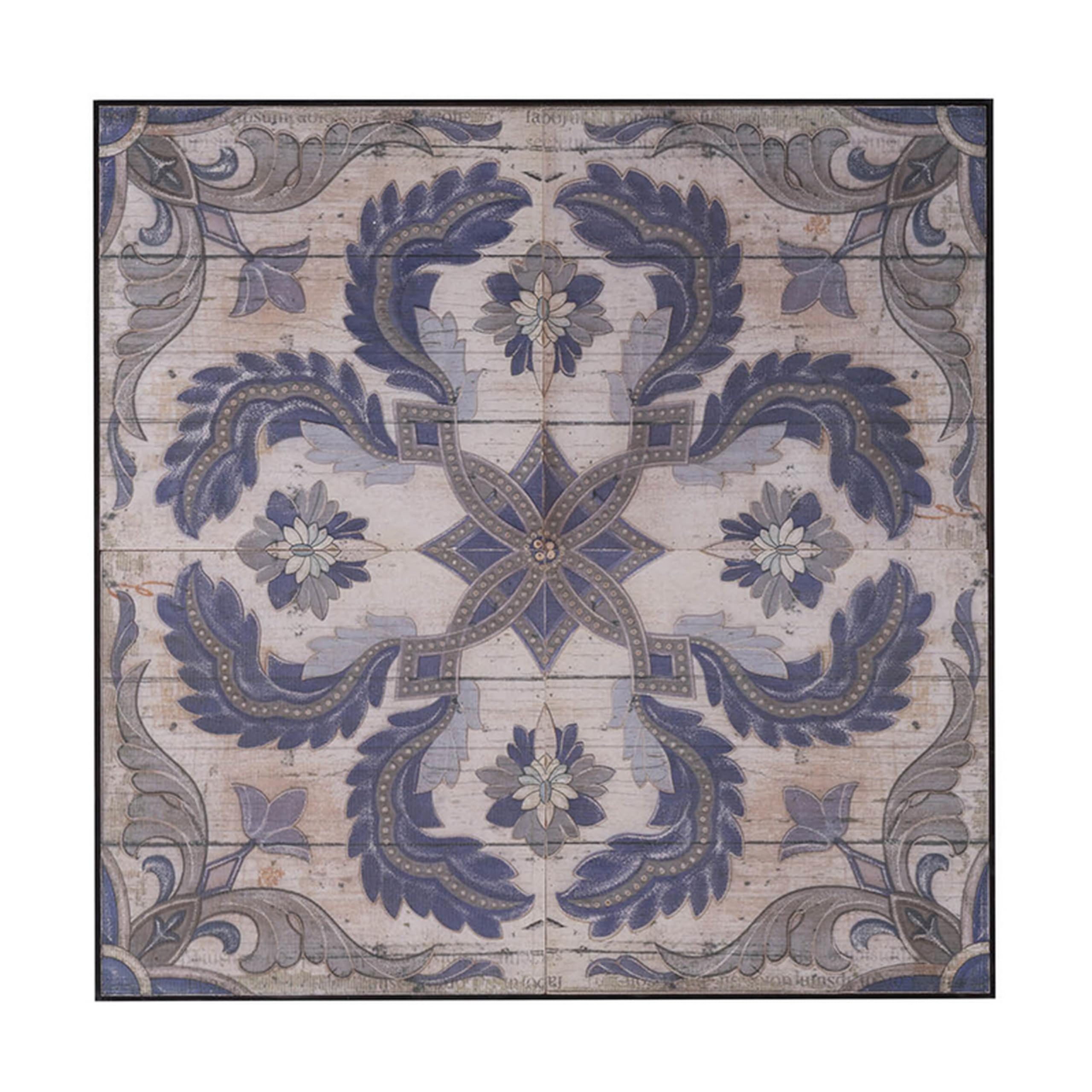 Lina 48 Inch Blooming Wall Art Tile, Square, Floral Mandala, Blue, Ivory