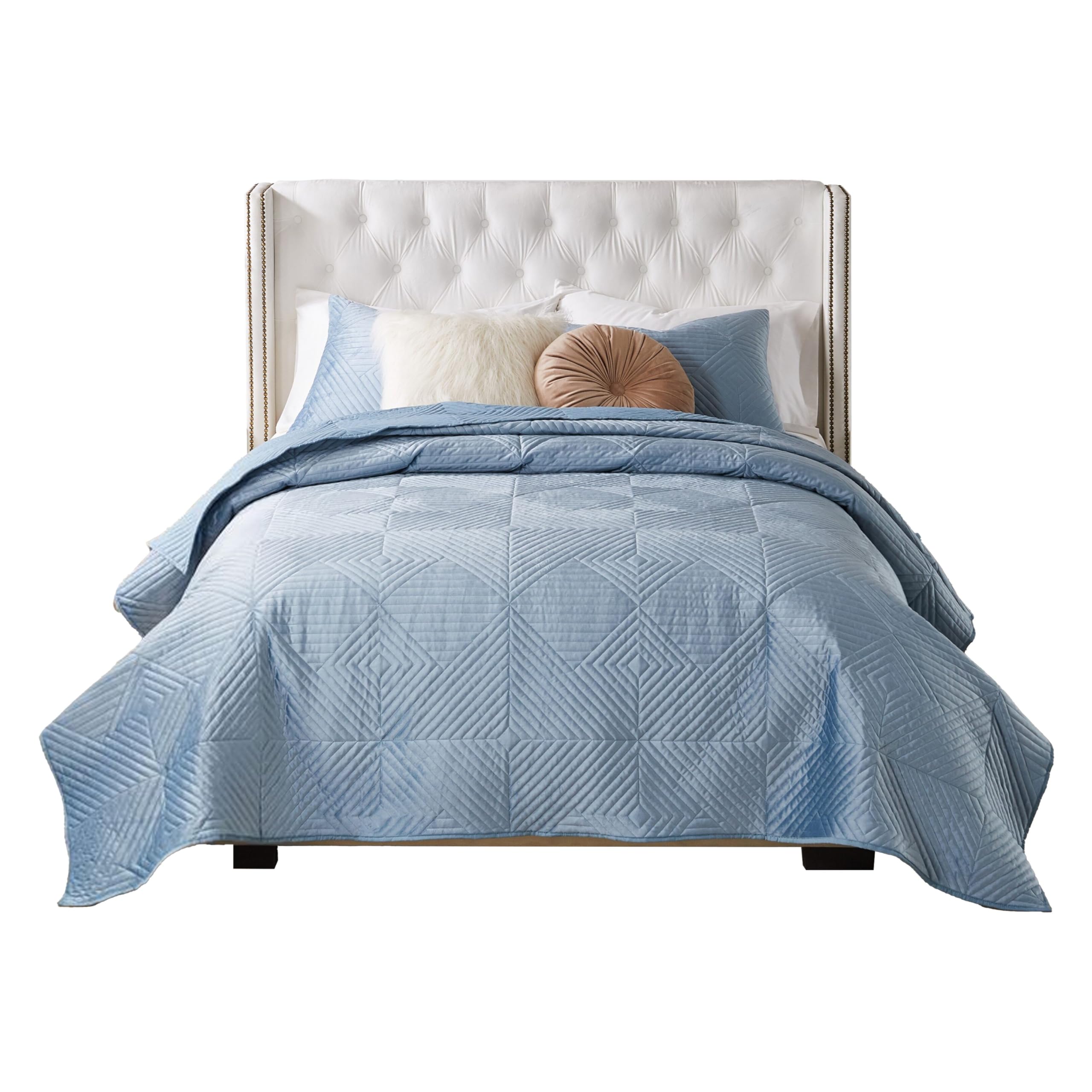 Ahab 3pc King Size Quilt and Pillow Sham Set, Dutch Velvet Face, Spa Blue