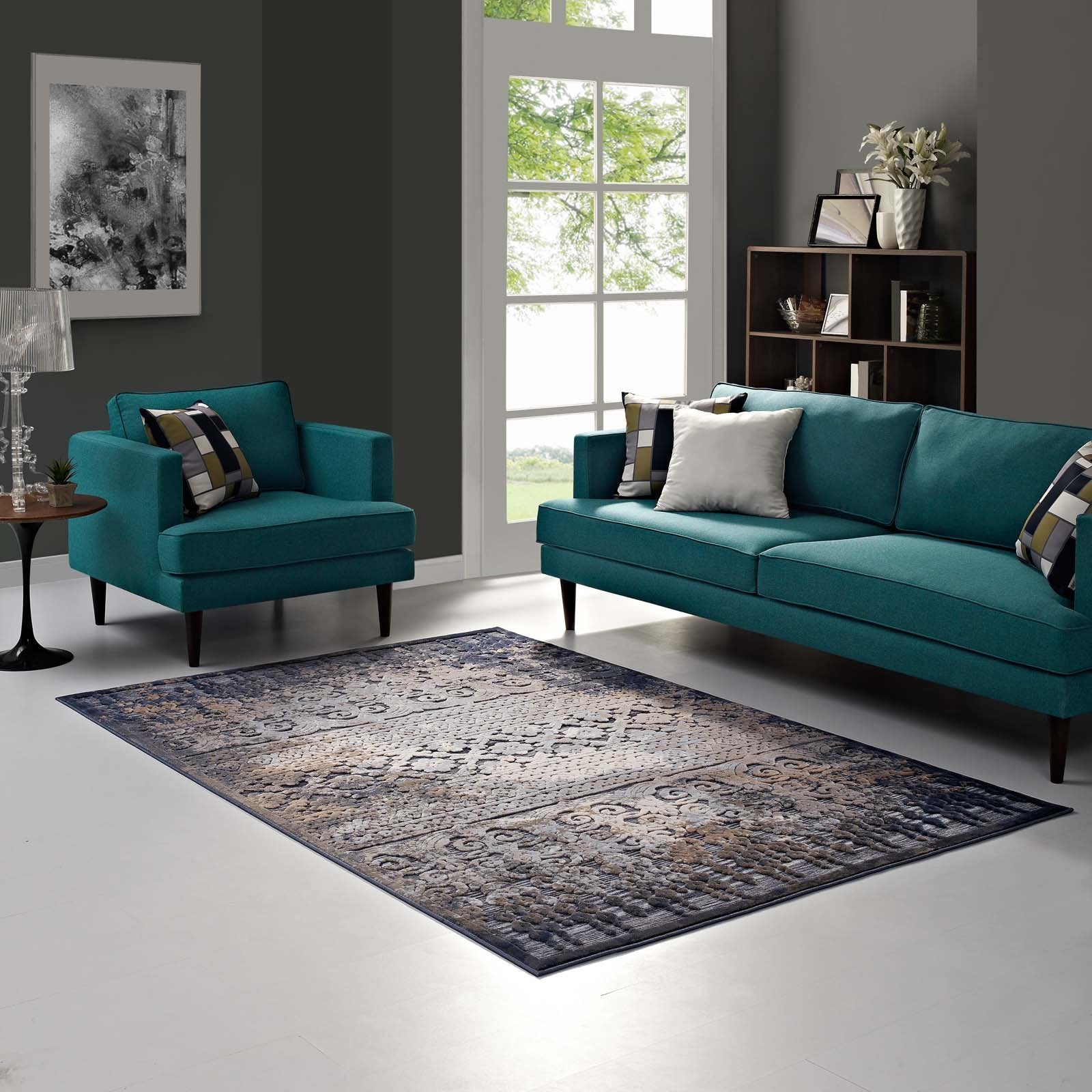 Kalene Distressed Vintage Turkish 5X8 Area Rug - Blue, Rust and Cream