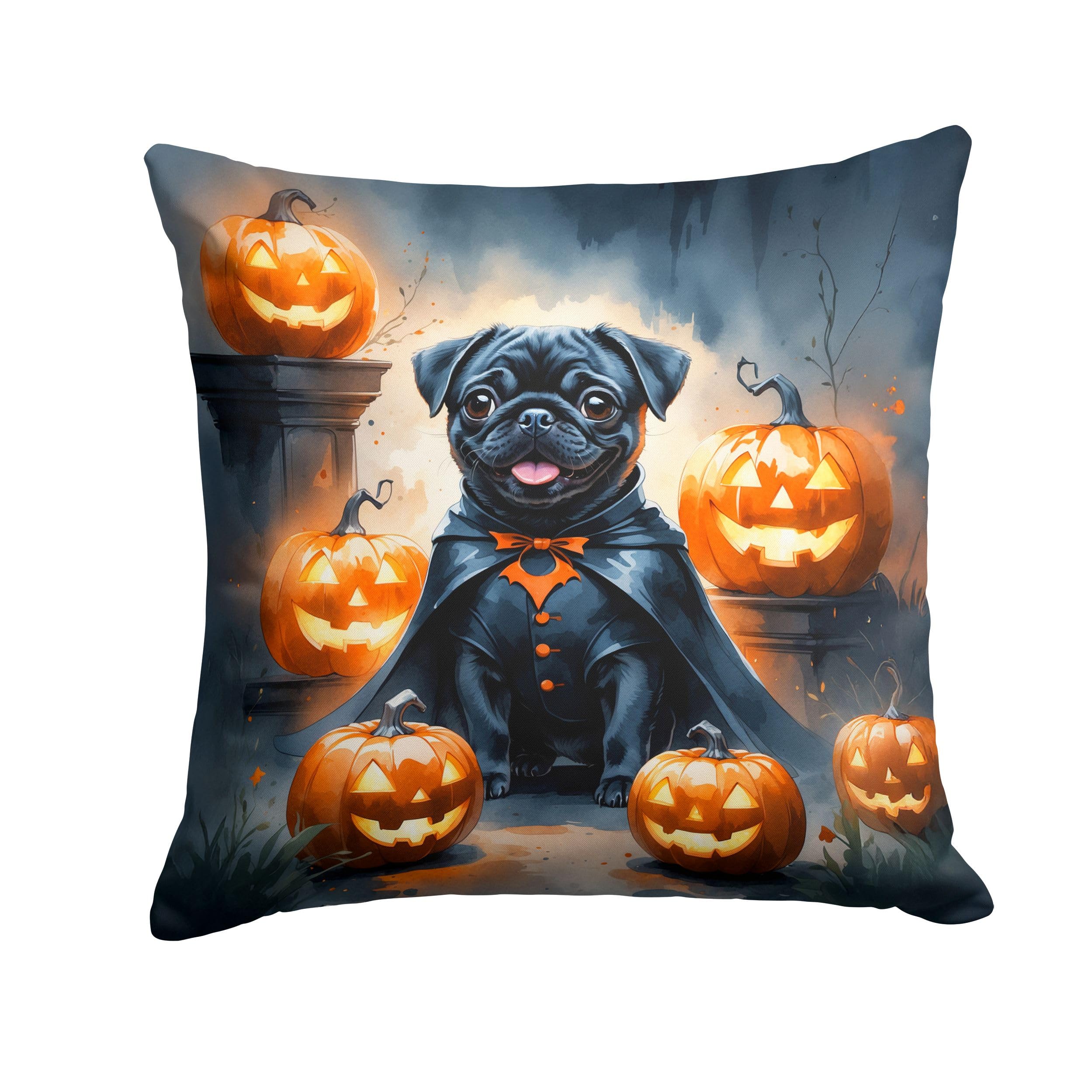 Carolines Treasures Black Pug Puppy Halloween Throw Pillow Machine Washable, Indoor Outdoor Decorative Pillow for Couch, Bed or Patio, 18Hx18W