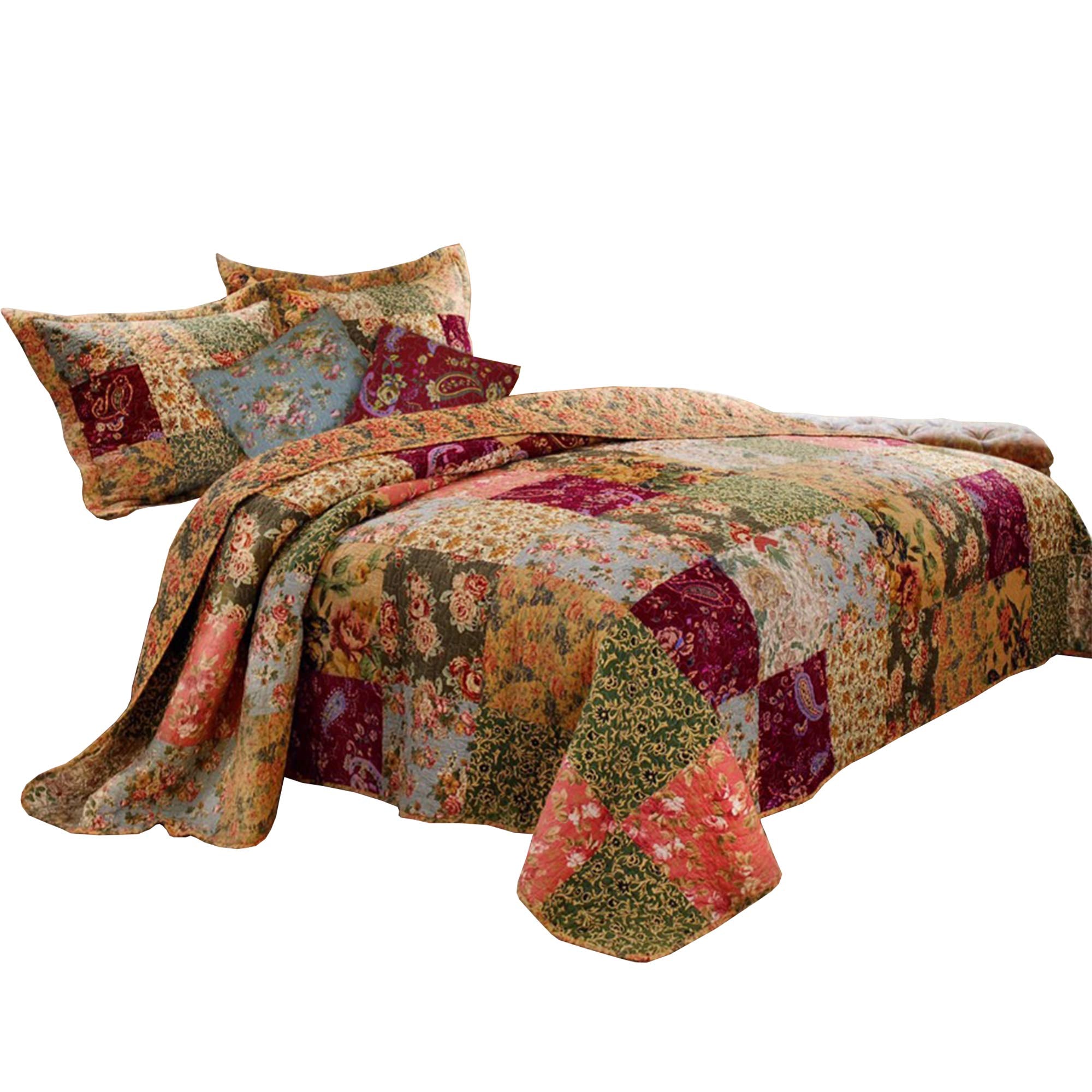 Benjara Kamet 5 Piece Fabric Queen Size Quilt Set With Floral Prints, Multicolor