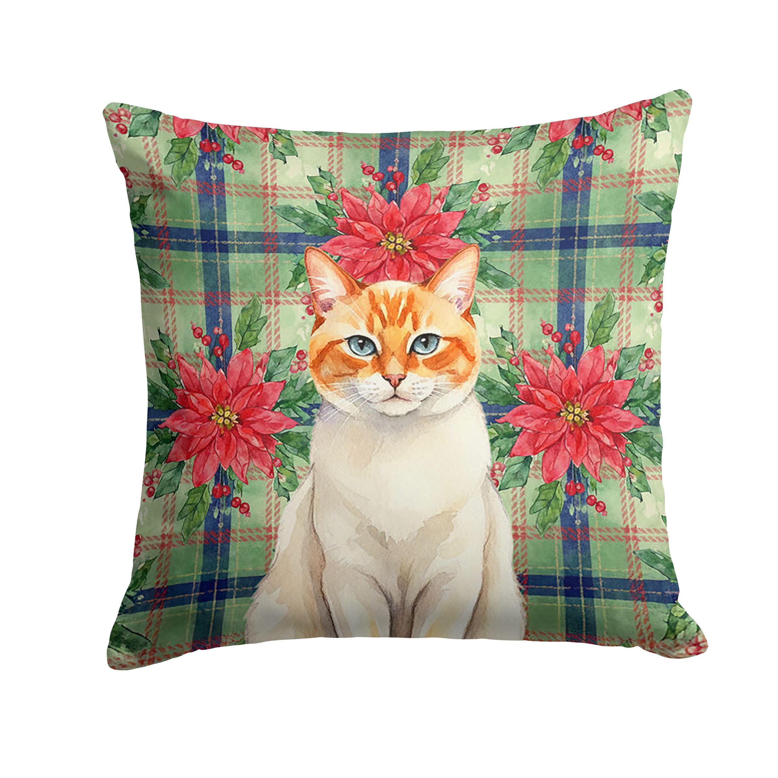 Carolines Treasures Flame Point Cat with Poinsettias Throw Pillow Decorative Indoor Outdoor Accent Cushion for Couch, Bed or Patio, 14Hx14W