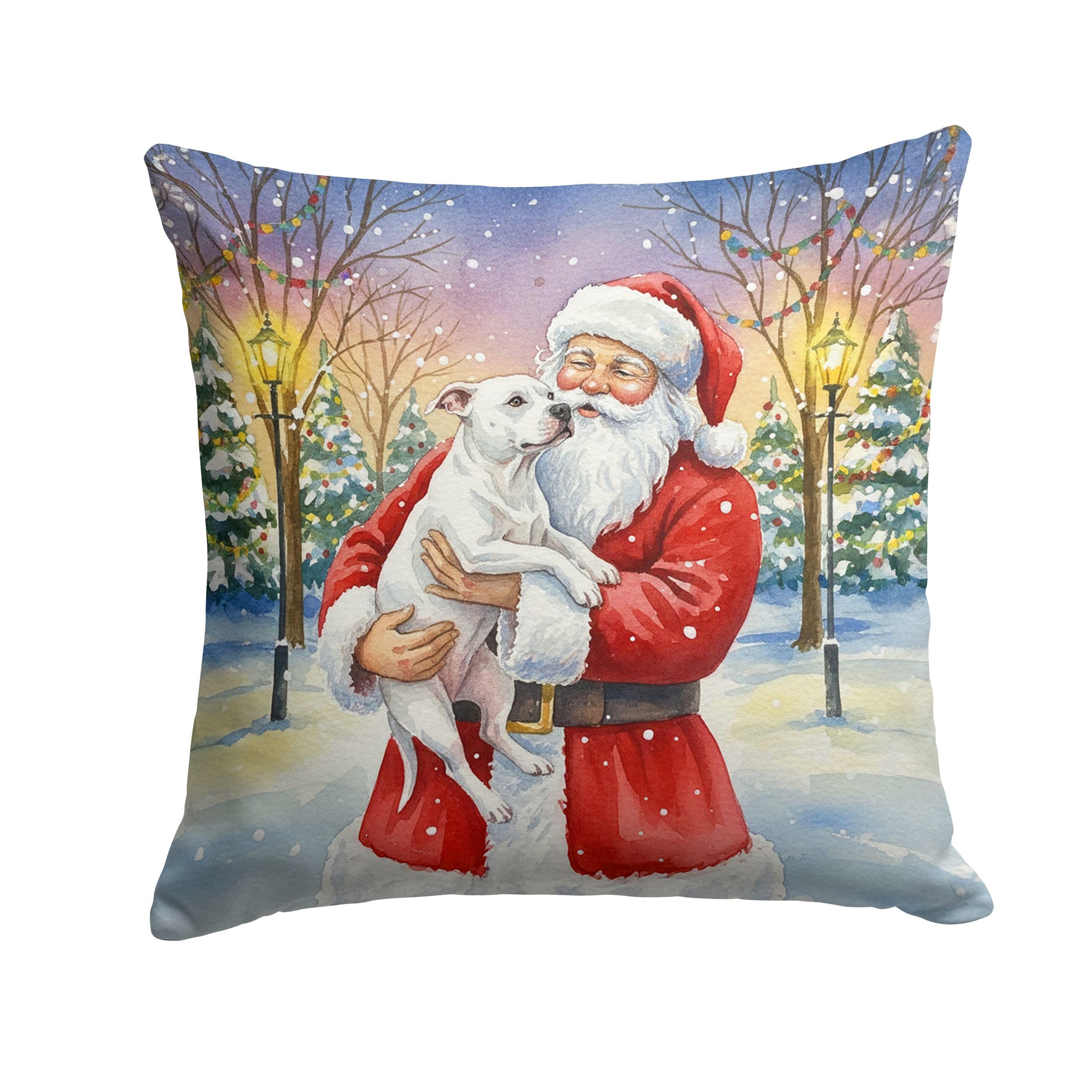 Carolines Treasures White Pit Bull Terrier with Santa Claus Throw Pillow Decorative Indoor Outdoor Accent Cushion for Couch, Bed or Patio, 14Hx14W
