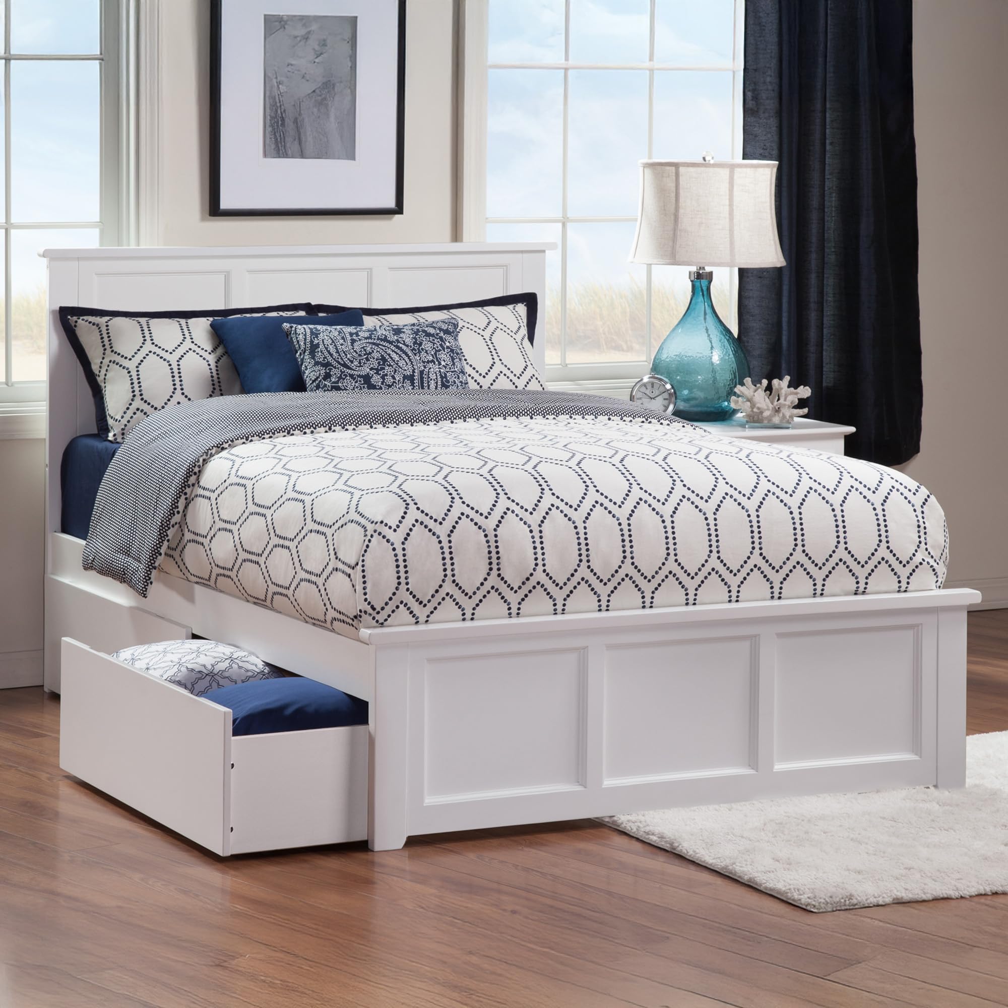 Madison Full Solid Wood Platform Bed with Matching Footboard & 2 Storage Drawers in White