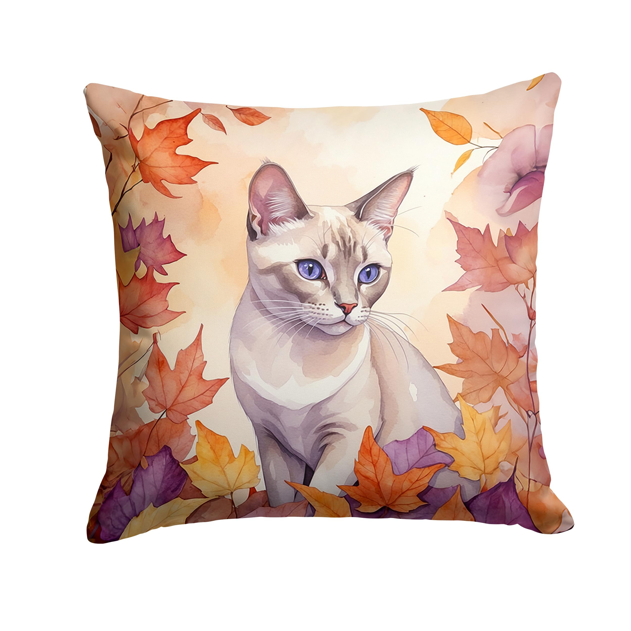 Carolines Treasures Thai Lilac Cat in Fall Leaves Throw Pillow Machine Washable, Indoor Outdoor Decorative Pillow for Couch, Bed or Patio, 18Hx18W