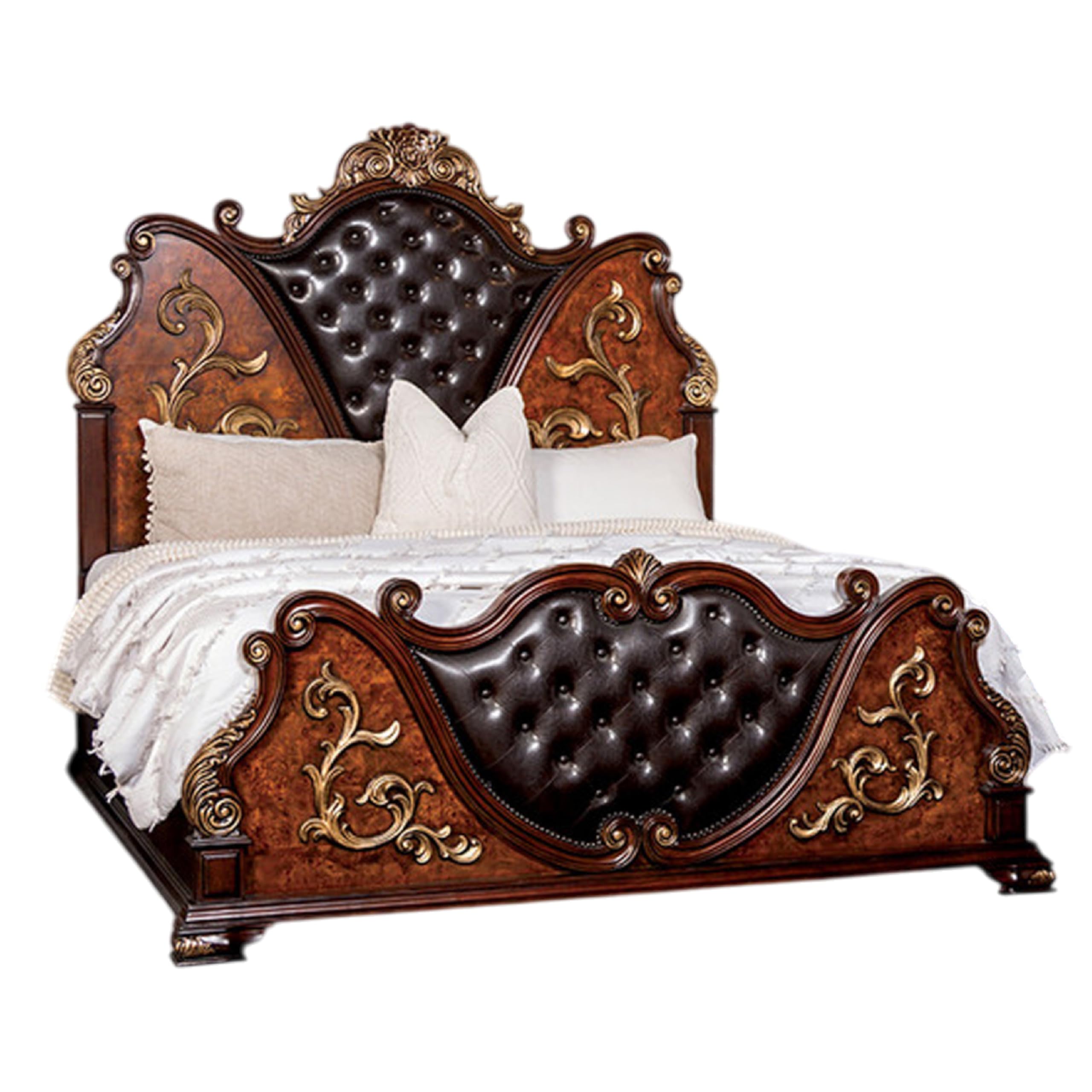 Iliana Queen Bed, Dark Cherry Brown, Black Faux Leather, Gold Carvings