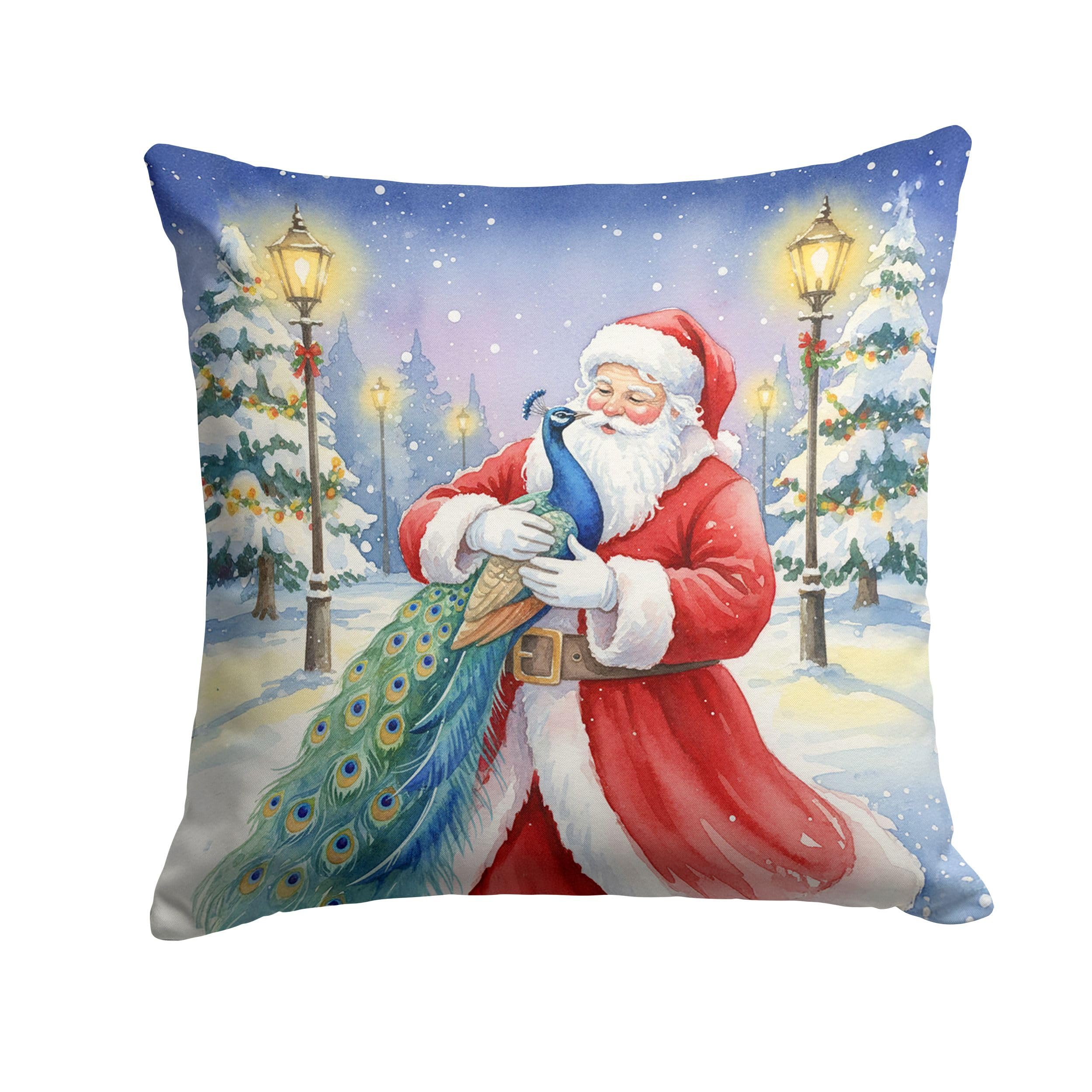 Carolines Treasures Peacock with Santa Claus Throw Pillow Decorative Indoor Outdoor Accent Cushion for Couch, Bed or Patio, 18Hx18W