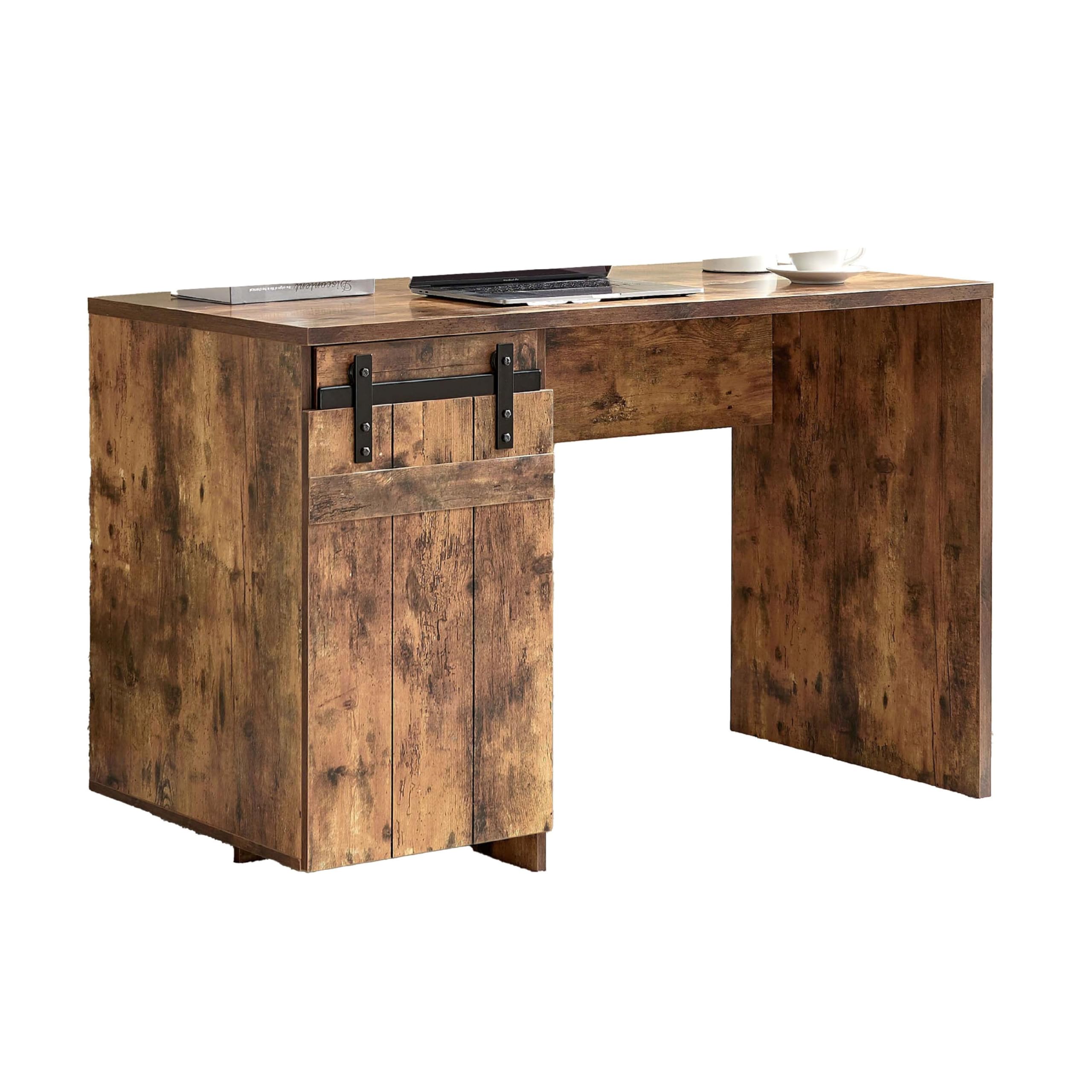 Fior Home Writing Desk, 47 Inch, Distressed Brown Wood, Faux Barn Door